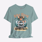 Teal t-shirt with 'Bike Week 2026 Daytona Beach' graphic design on a gray background