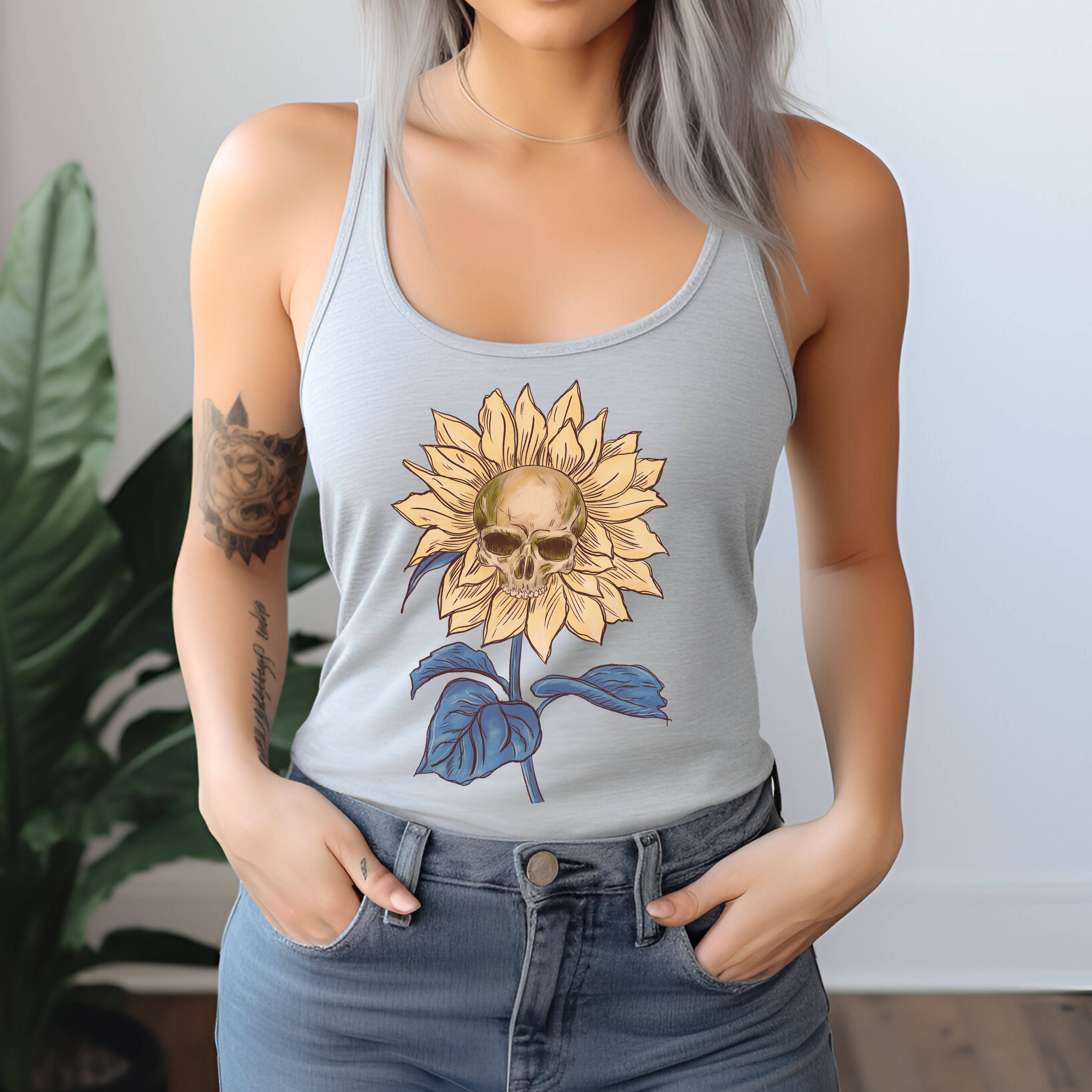 Cottagecore Skull Sunflower Racerback Tank Top