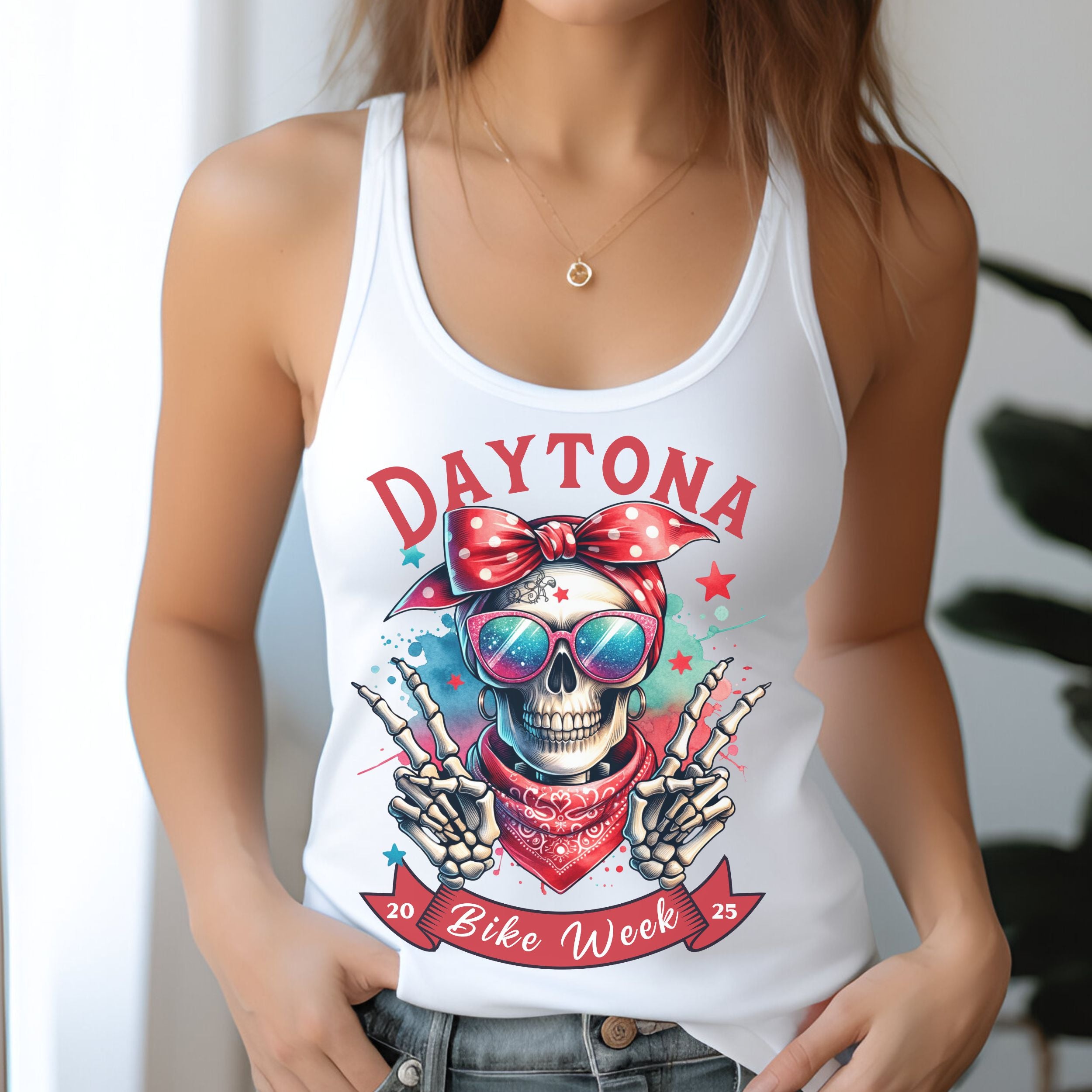 Ladies Daytona Bike Week 2025 Hipster Skull Racerback Tank