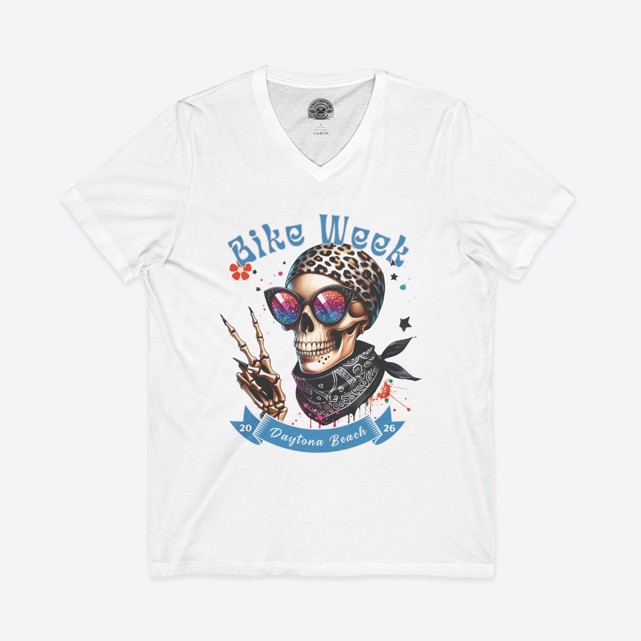 Daytona Bike Week 2026 Women's V-Neck | Hipster Skull Biker Tee
