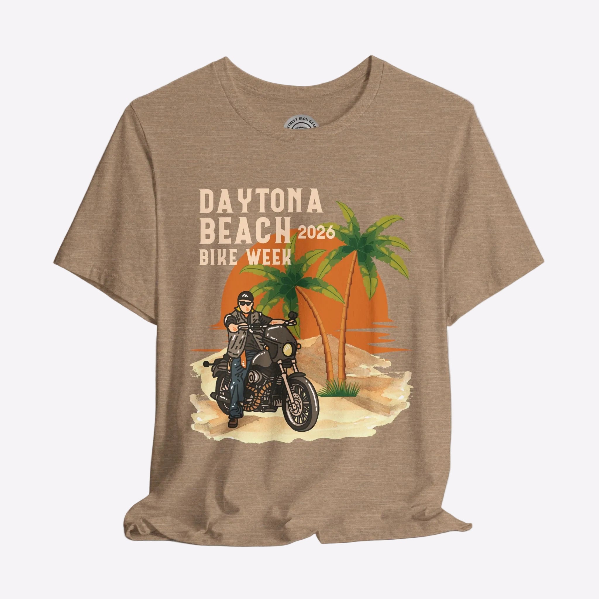 Brown t-shirt with Daytona Beach Bike Week 2026 graphic on a gray background