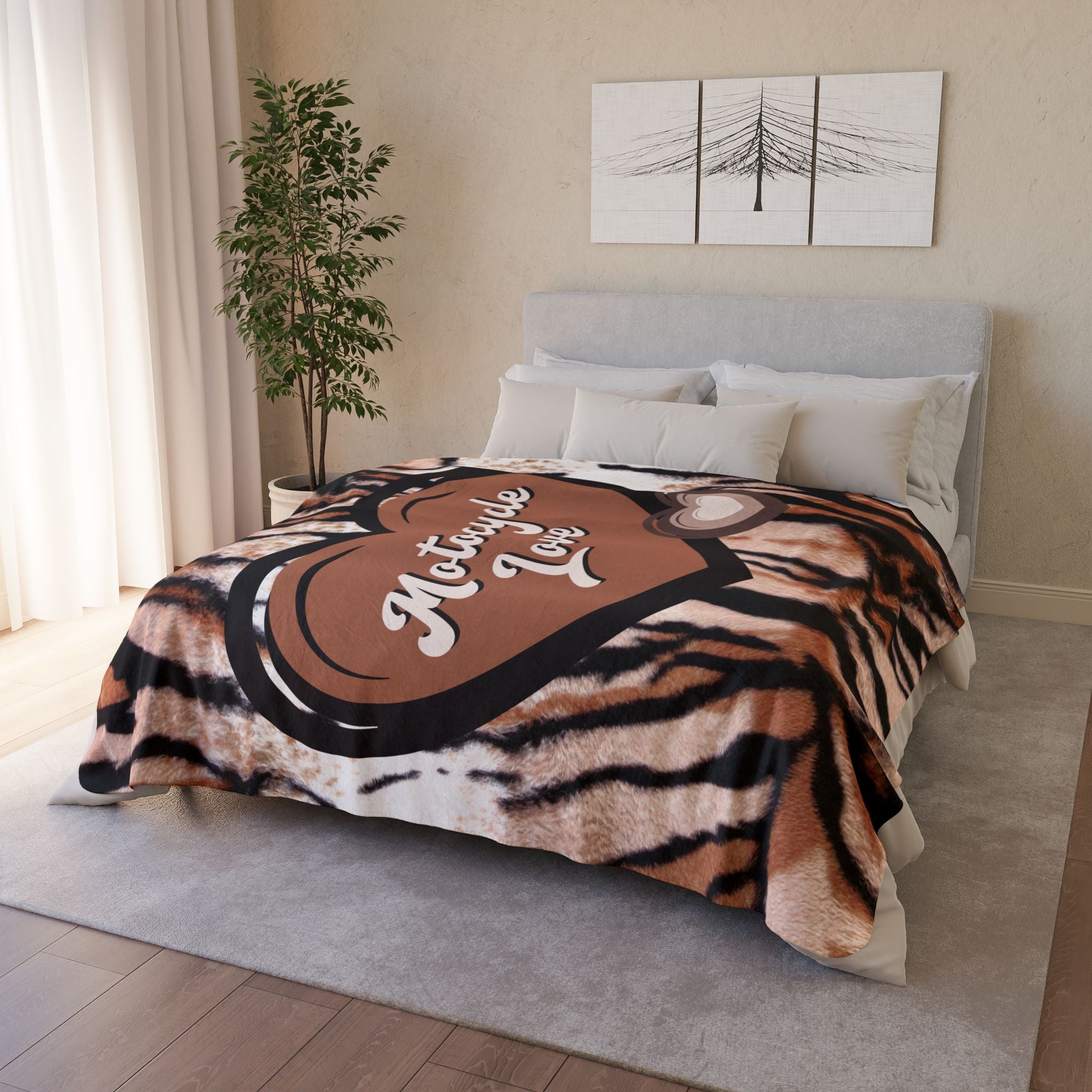 Motorcycle Love Tiger Print Fleece Sherpa Blanket