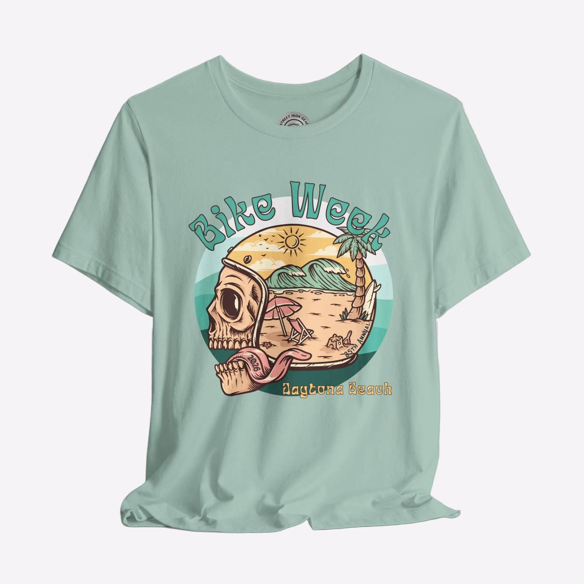 Light blue t-shirt with a graphic design on a gray background