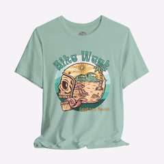 Light blue t-shirt with a graphic design on a gray background
