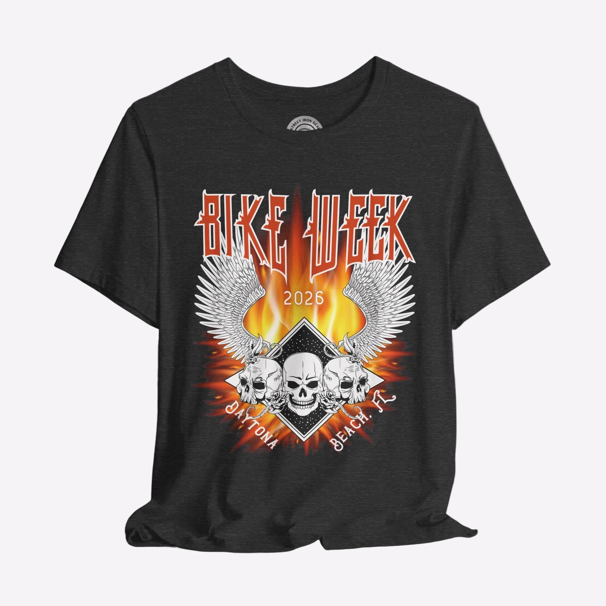 Black t-shirt with 'Bike Week 2025 Daytona Beach, FL' graphic design on a gray background