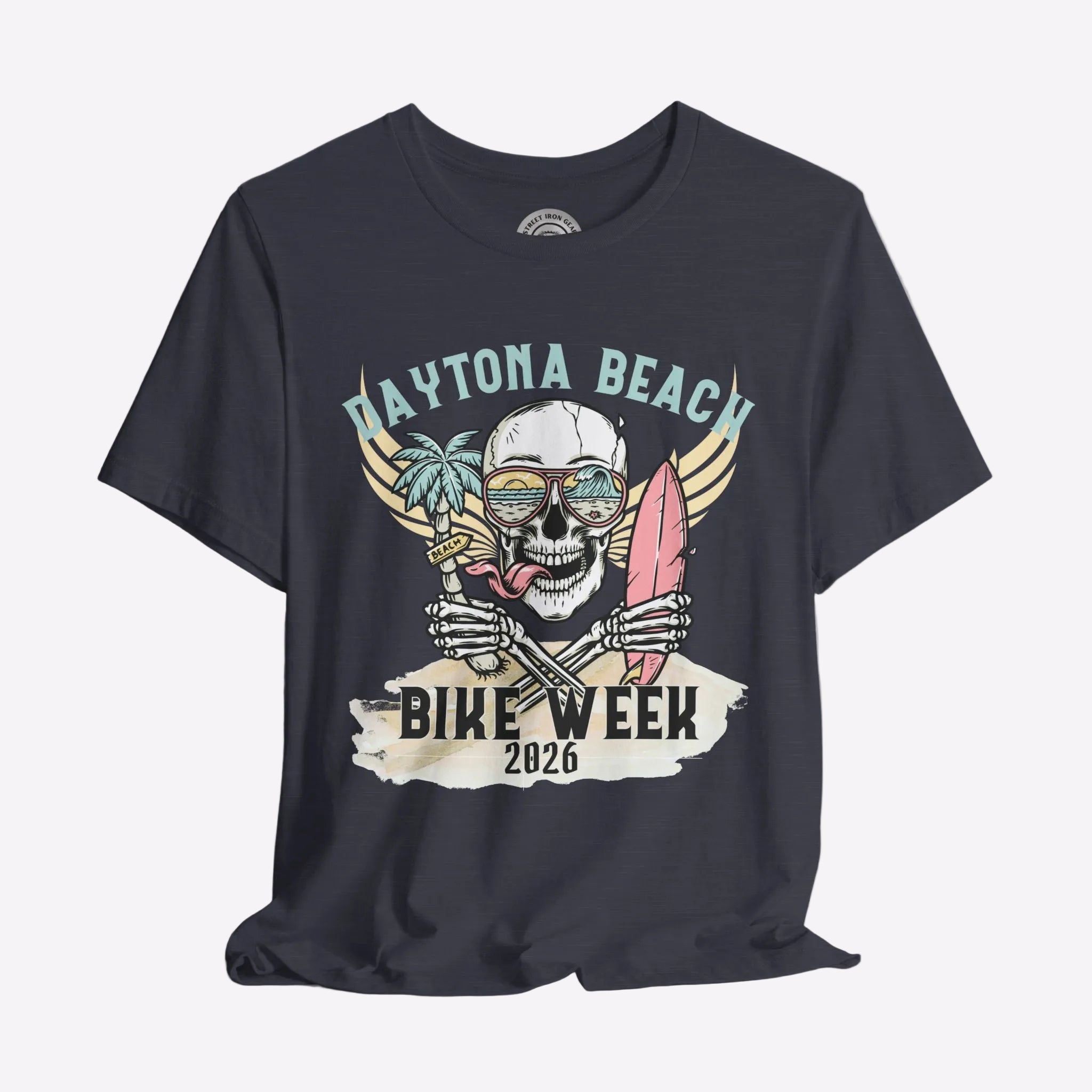 Black t-shirt with a skull graphic and 'Daytona Beach Bike Week 2026' text on a gray background