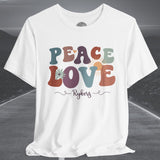 Ladies Retro Peace Love Rykers Crew Neck TShirt