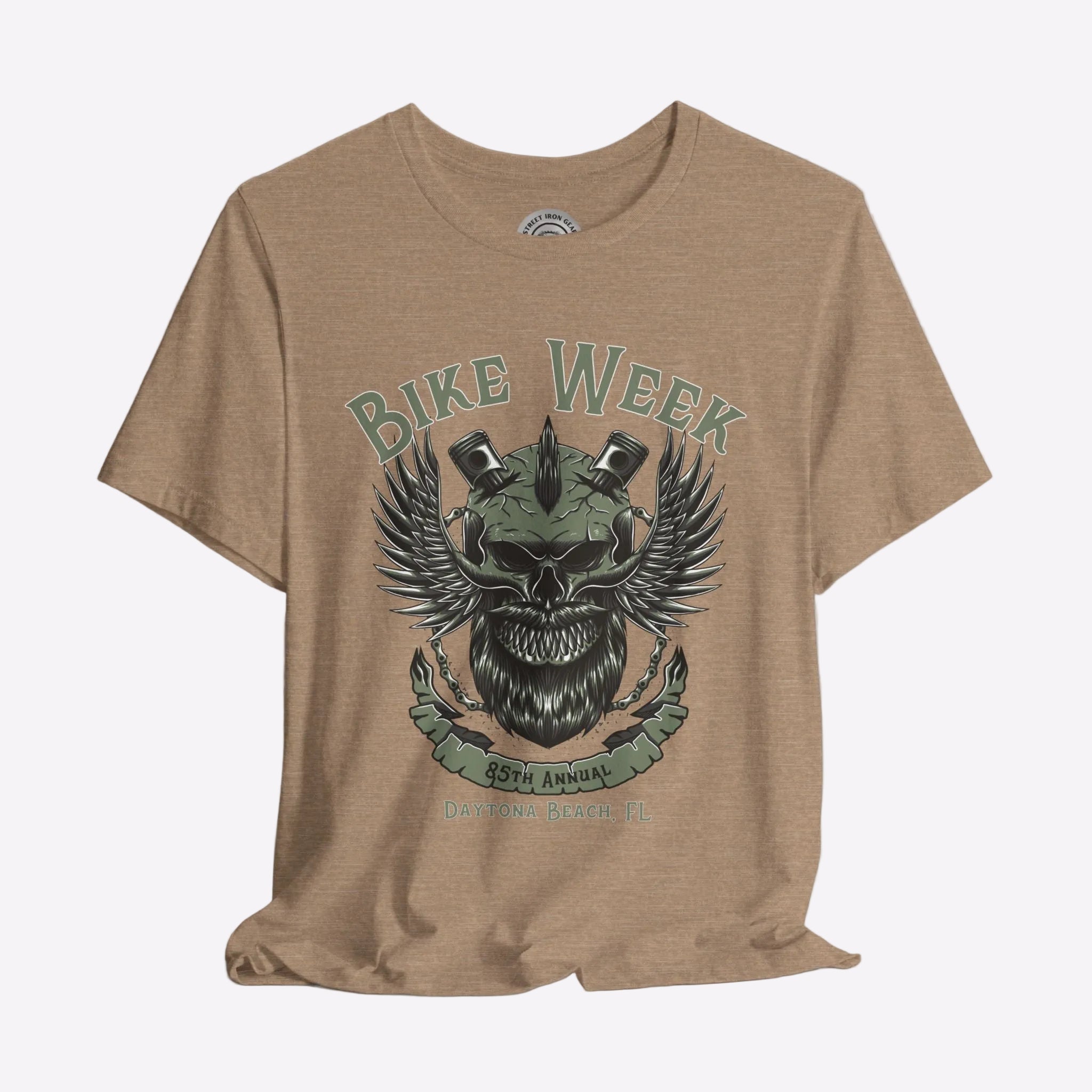 Brown t-shirt with 'Bike Week' graphic design on a gray background