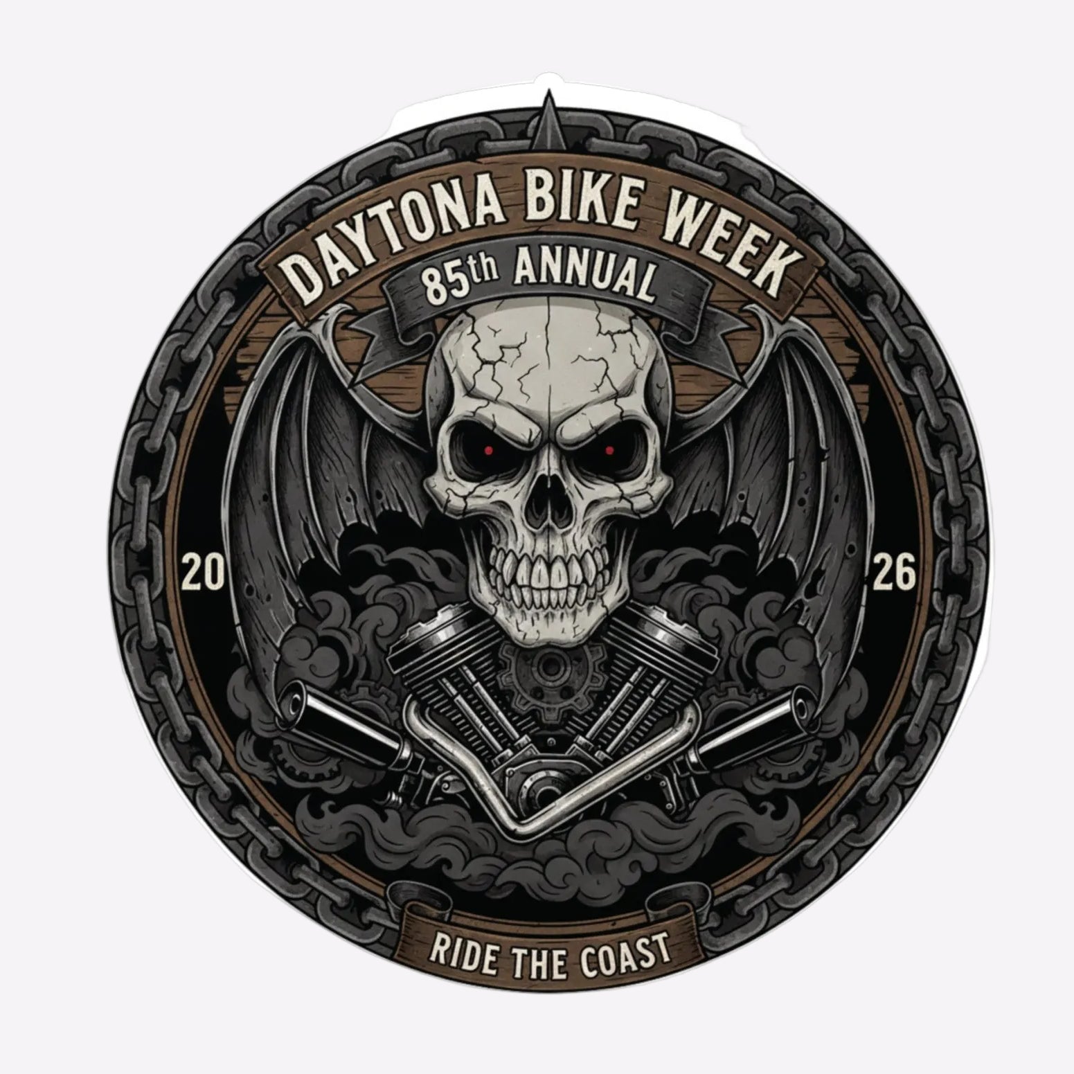 Daytona Bike Week logo with skull and motorcycle engine design on a white background