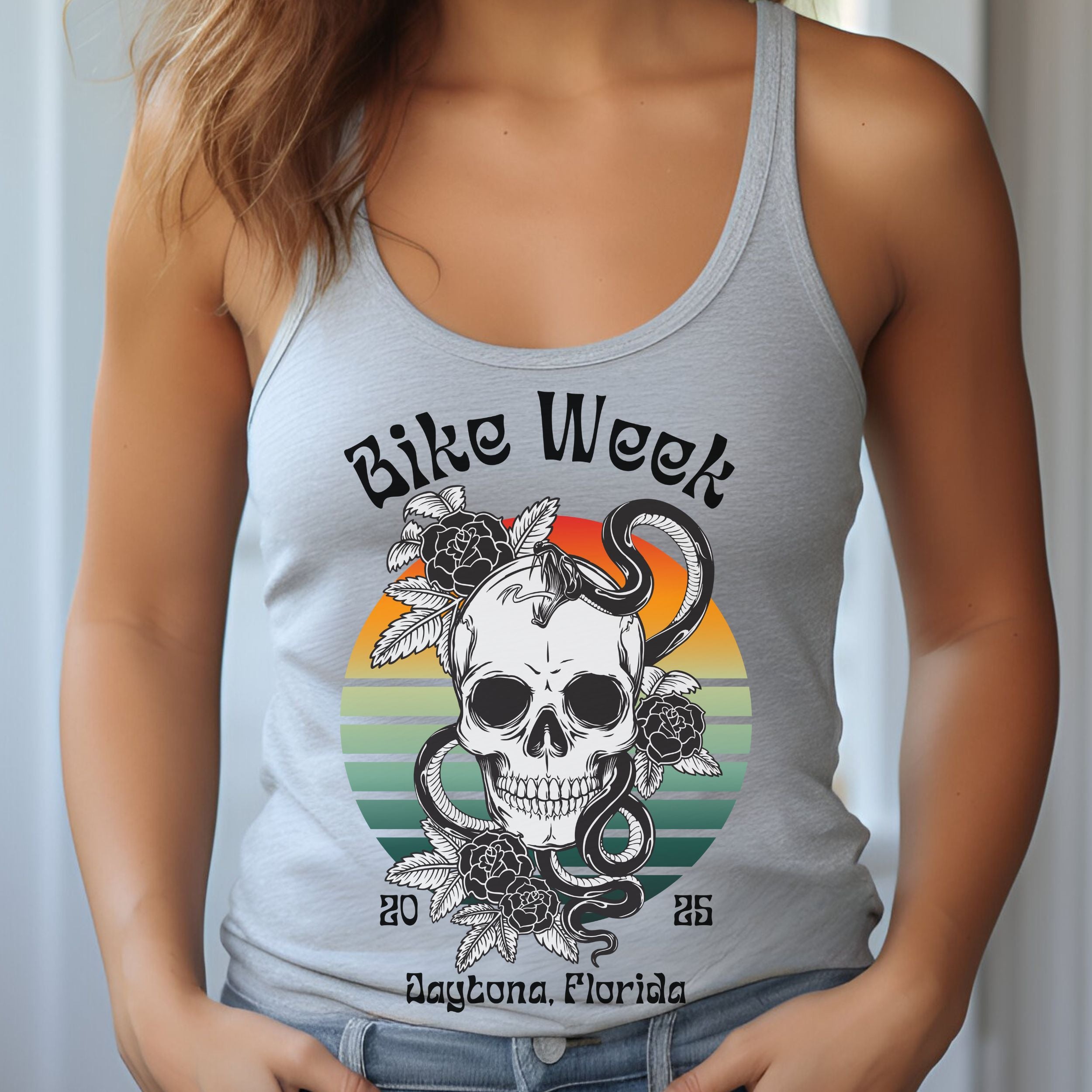 Ladies Daytona Bike Week 2025 Skull and Roses Racerback Tank