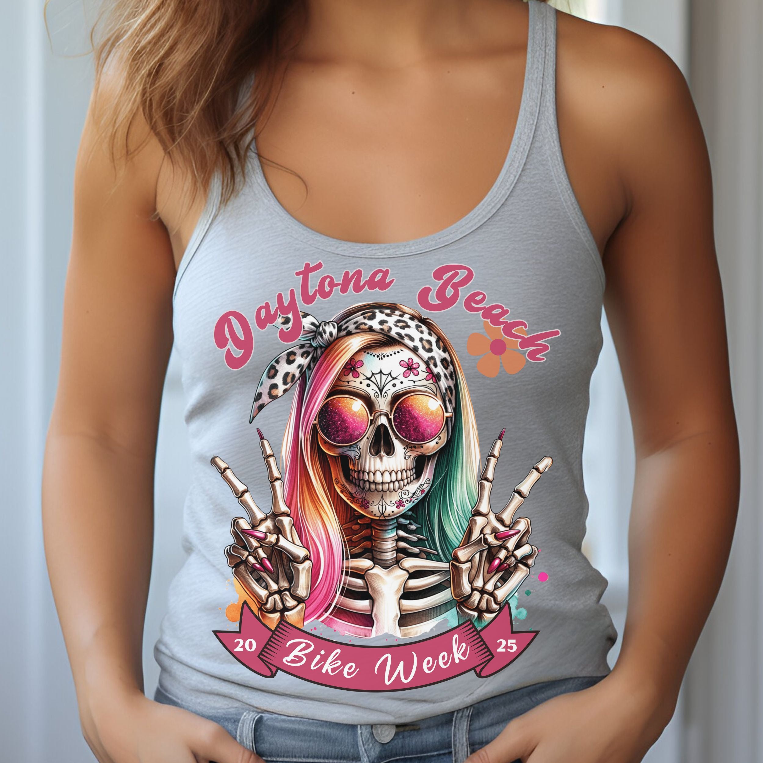 Ladies Daytona Bike Week 2025 Hipster Skull Racerback Tank