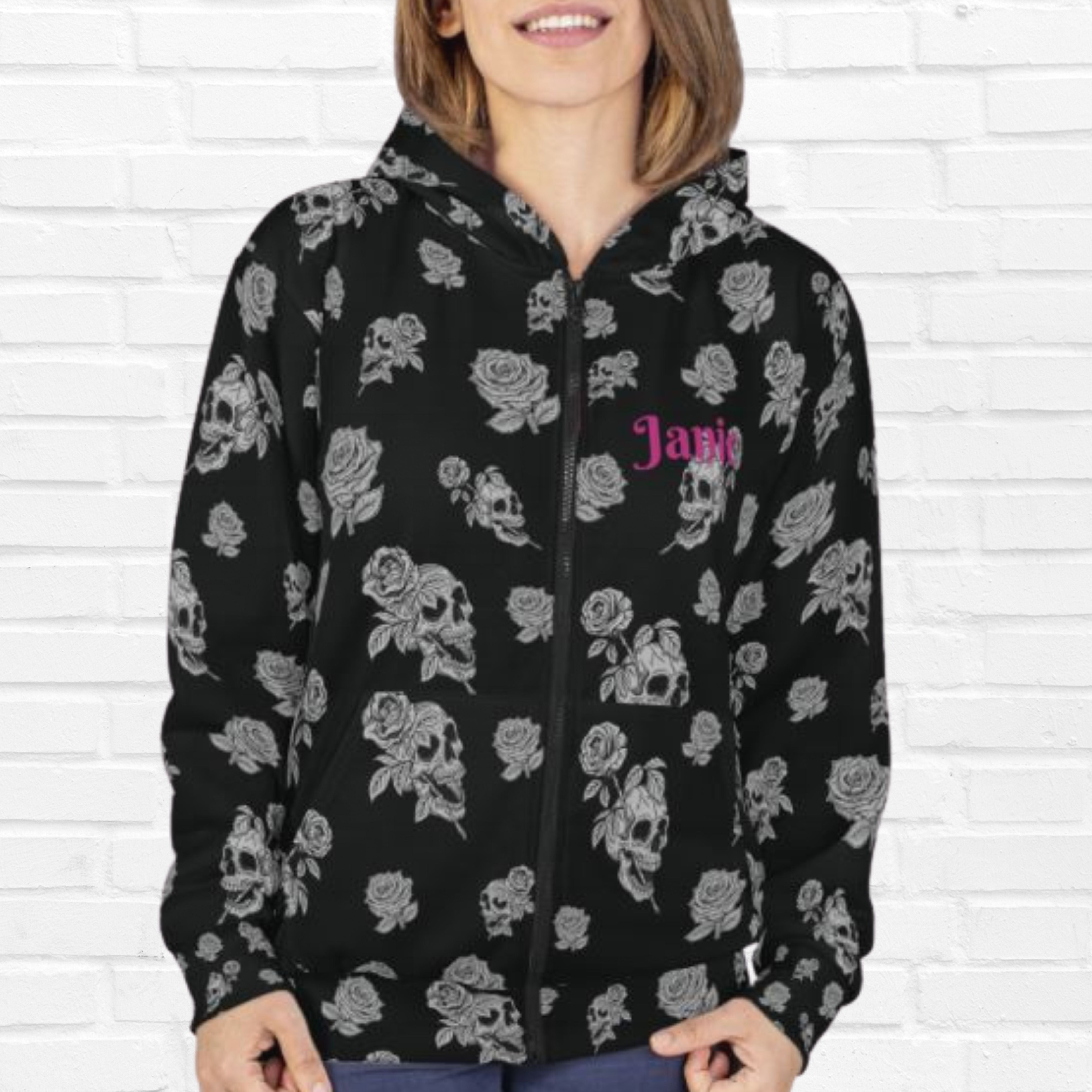 Womans Skull & Rose Zipper Hoodie (Customizable)