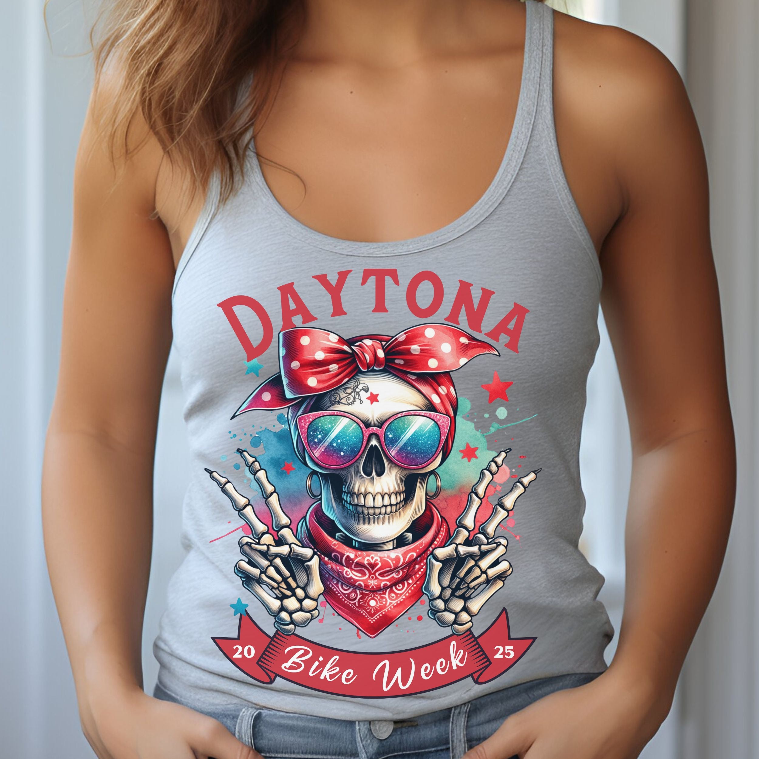 Ladies Daytona Bike Week 2025 Hipster Skull Racerback Tank