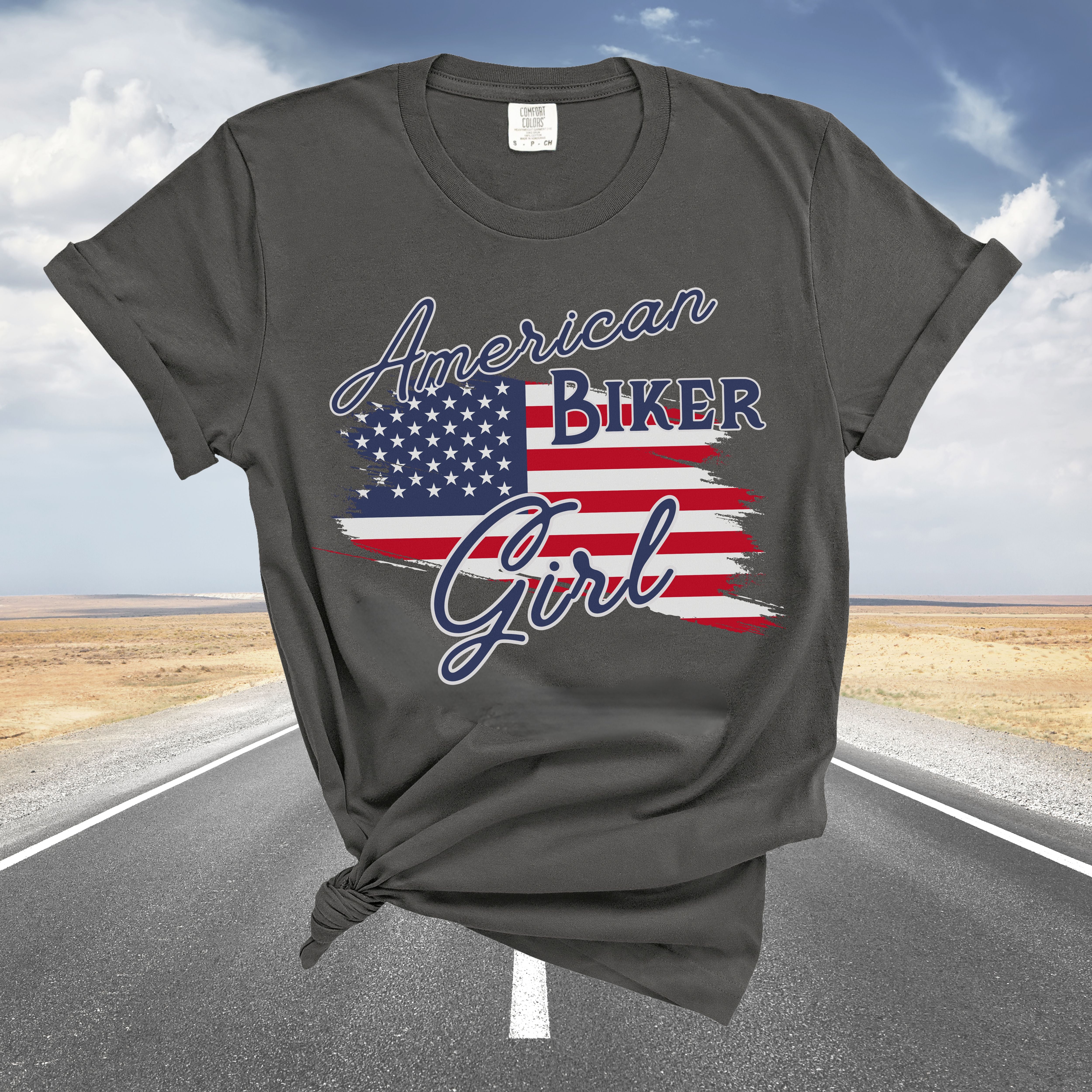 American Biker Girl Patriotic Flag Crew Neck TShirt