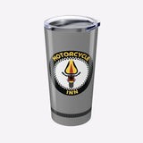 Silver tumbler with a motorcycle-themed label on a white background