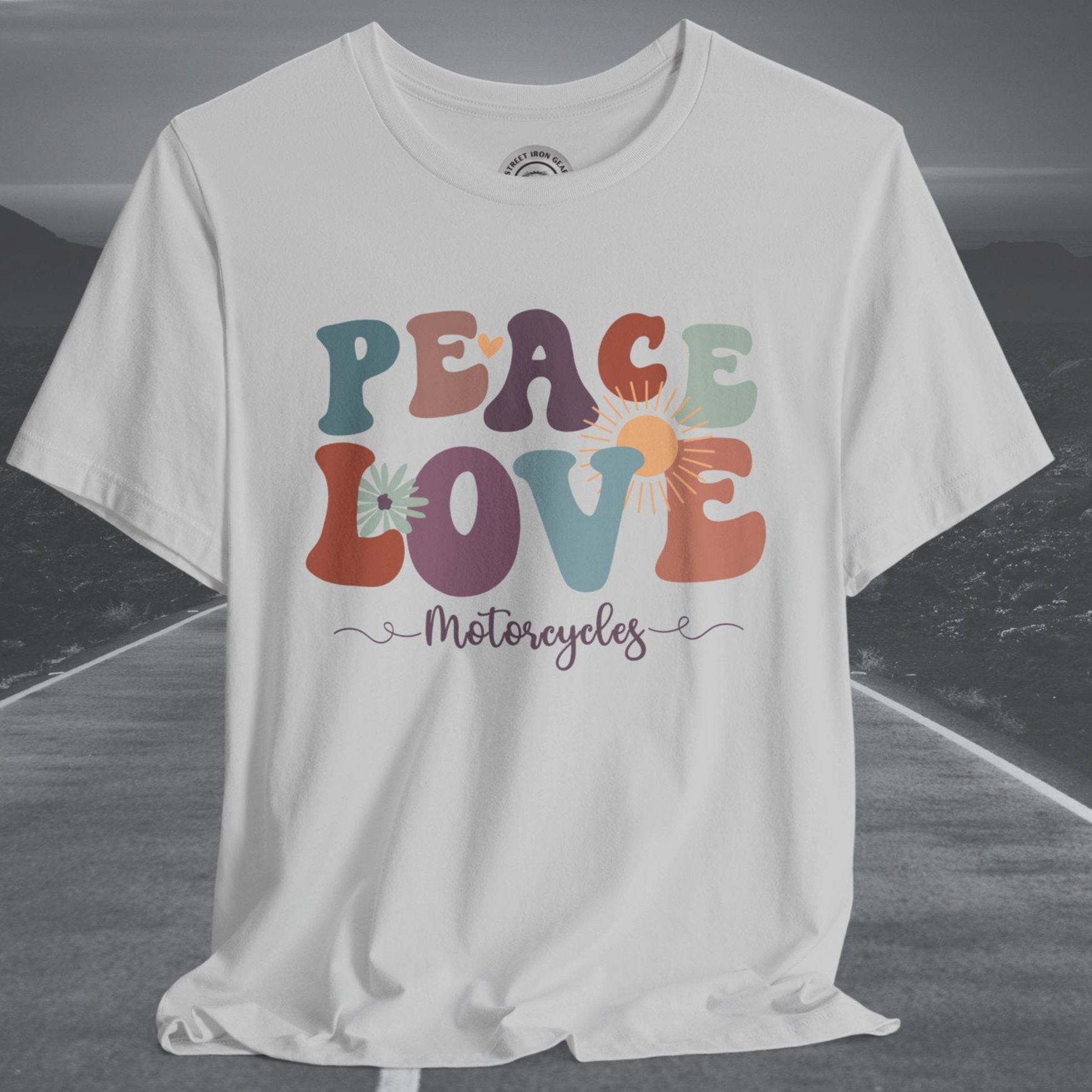 Ladies Retro Peace Love Motorcycles Crew Neck TShirt