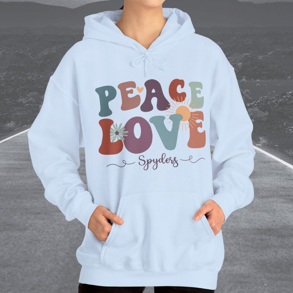 Ladies Retro Peace Love Spyders Hooded Sweatshirt