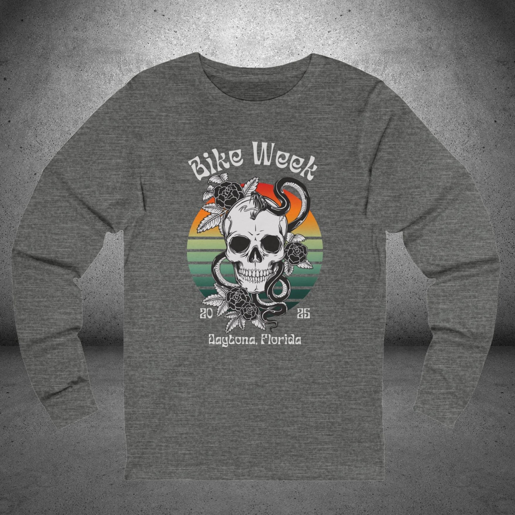 Ladies Daytona Bike Week 2025 Skull and Roses Long Sleeve Crew Neck TShirt