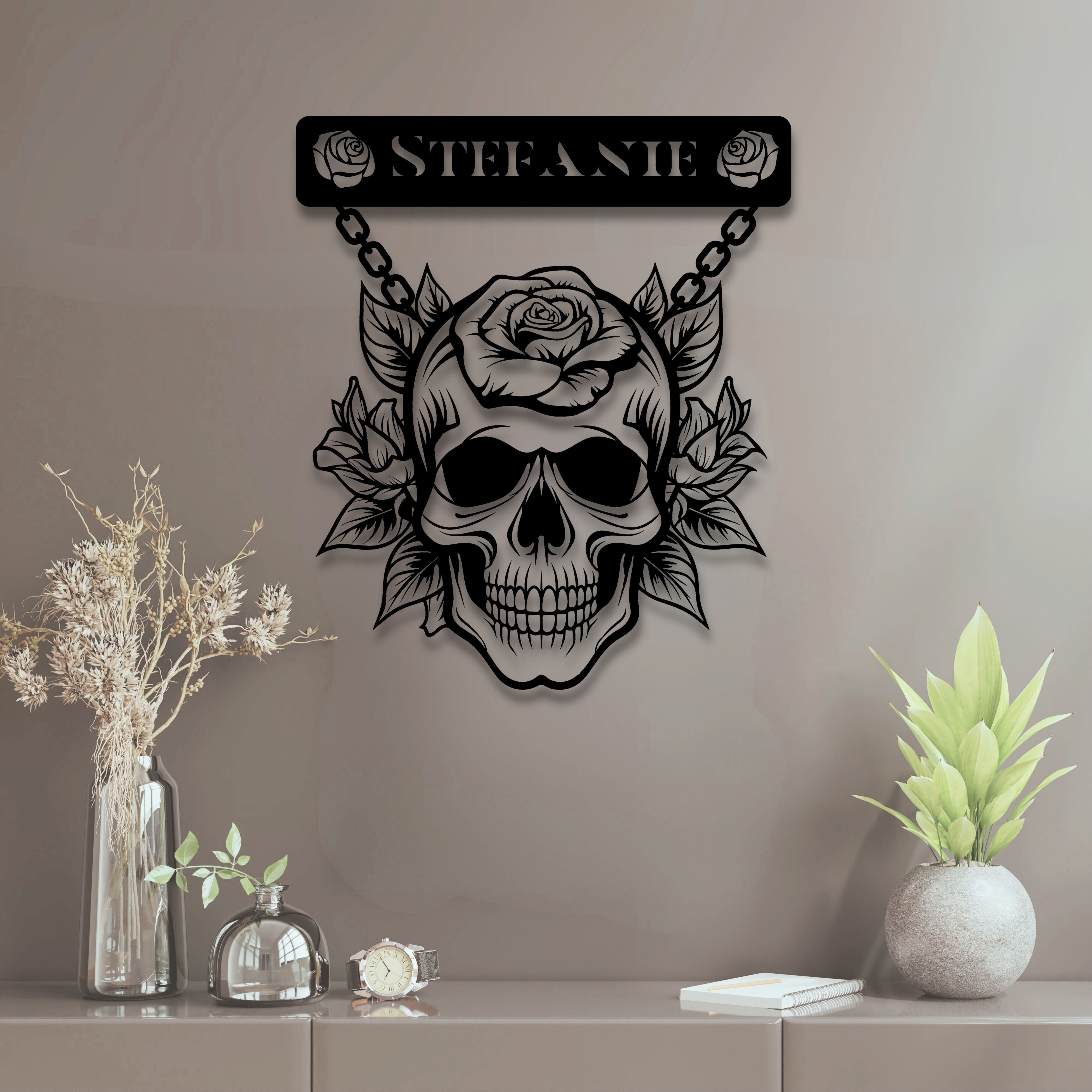 Skull and Rose Steel Wall Art (Customizable)