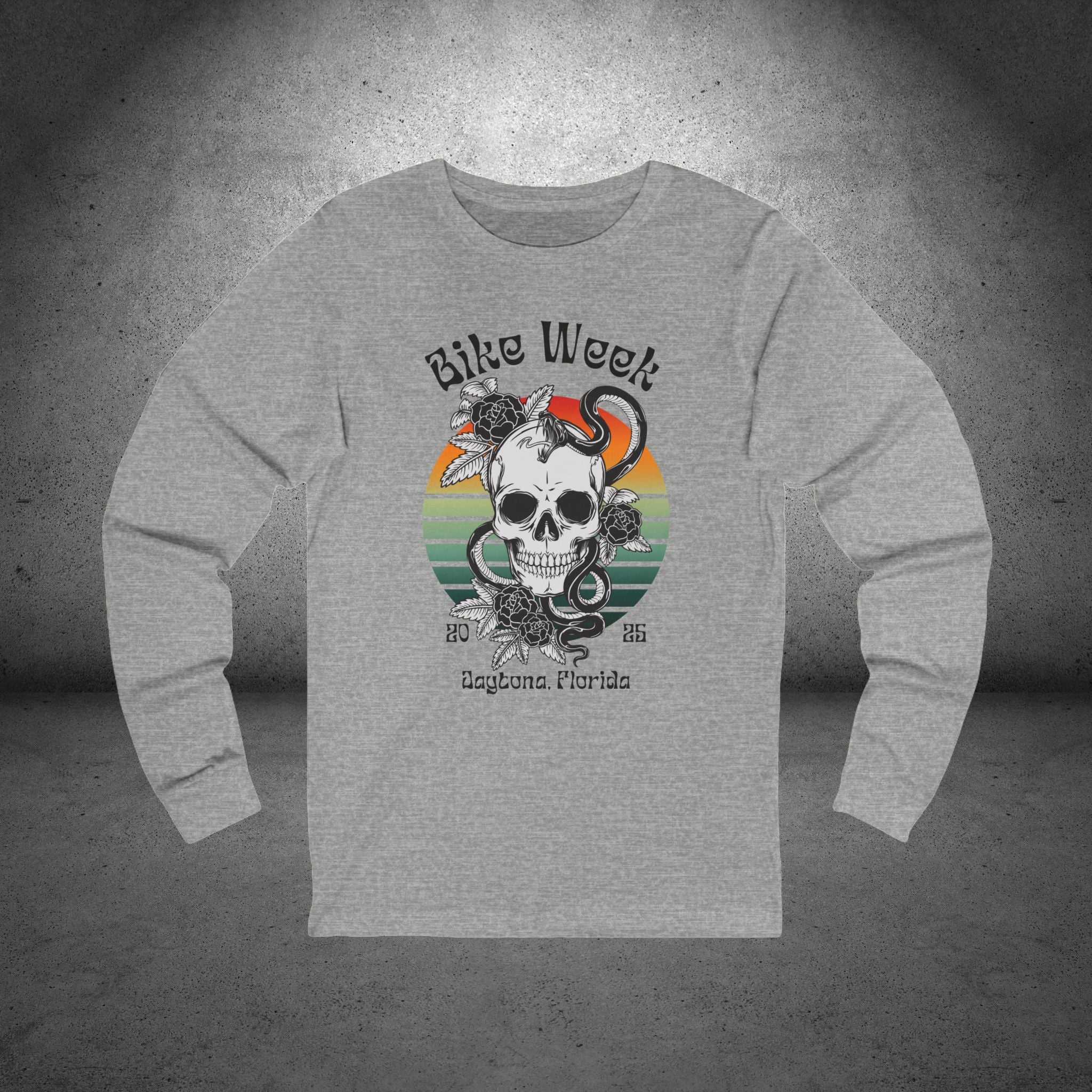 Ladies Daytona Bike Week 2025 Skull and Roses Long Sleeve Crew Neck TShirt