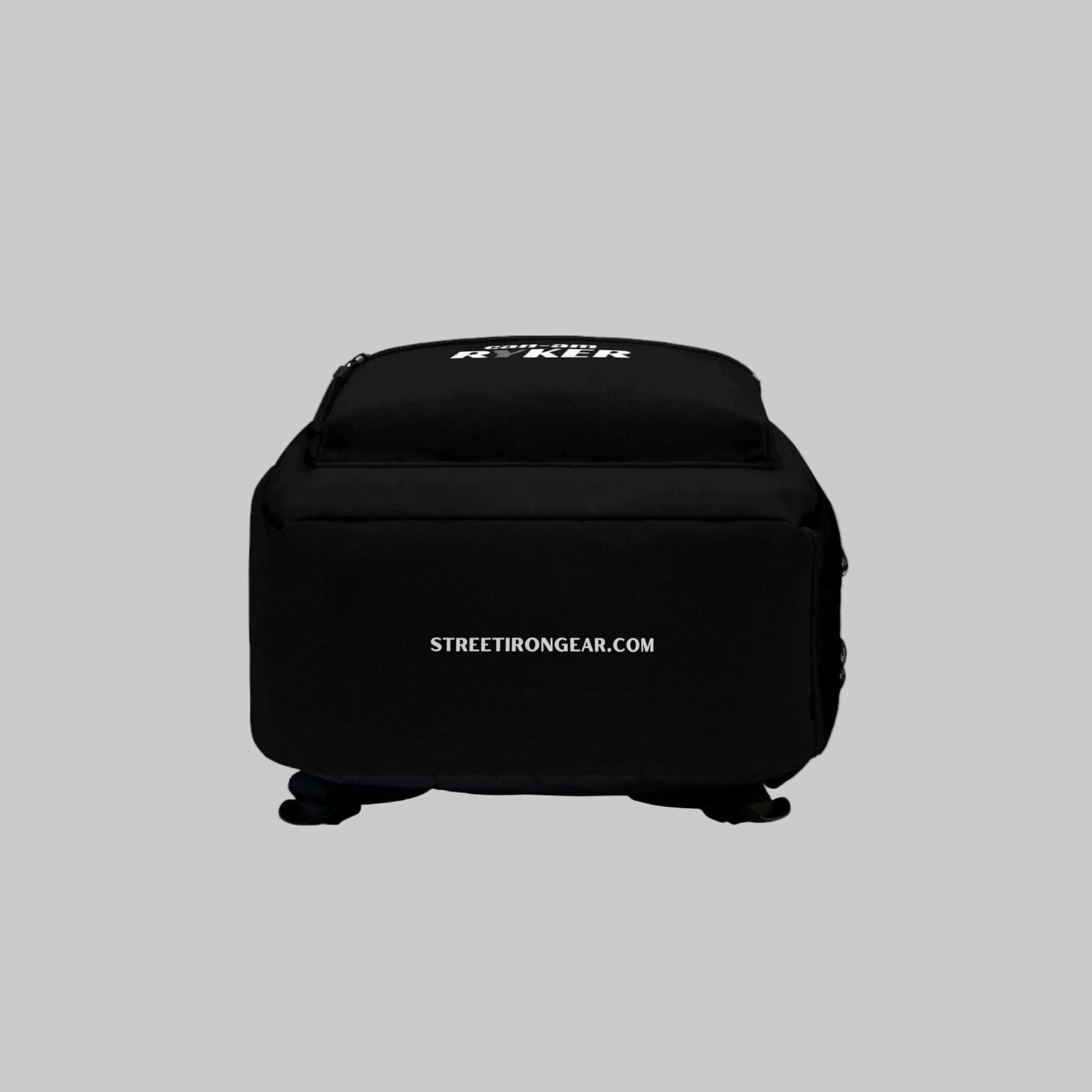black backpack with 'Street Iron Gear' branding on a white background