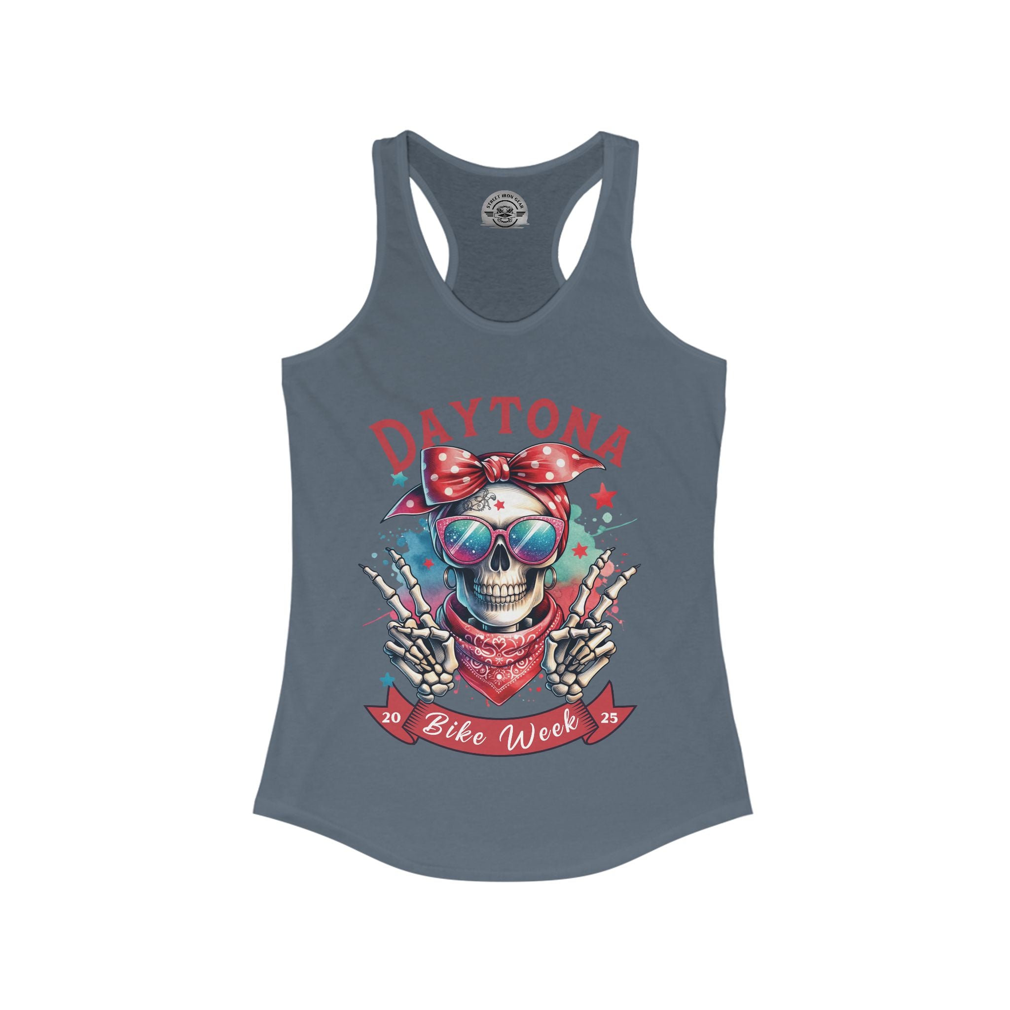 Ladies Daytona Bike Week 2025 Hipster Skull Racerback Tank