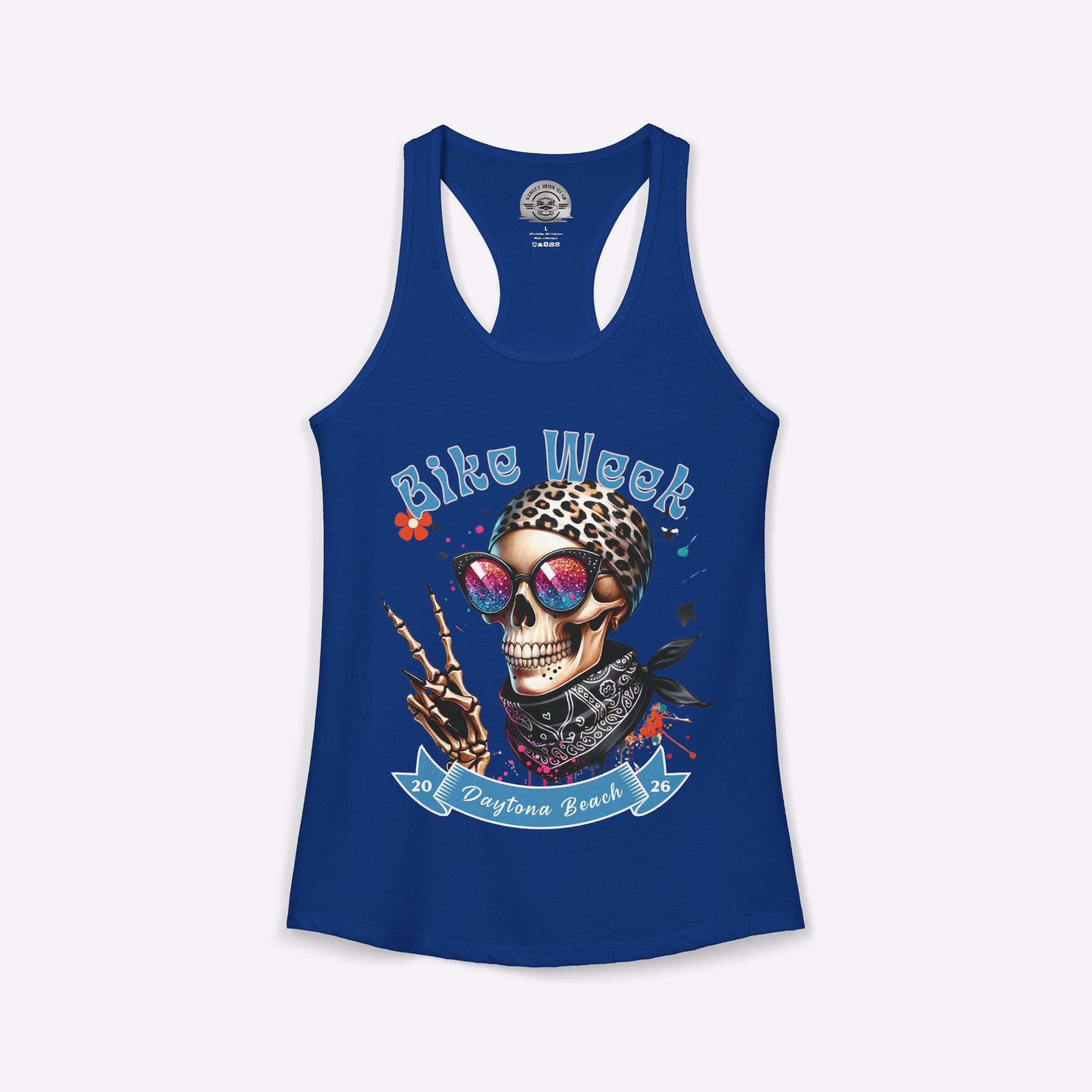 Blue tank top with a skull graphic and 'Bike Week' text on a white background
