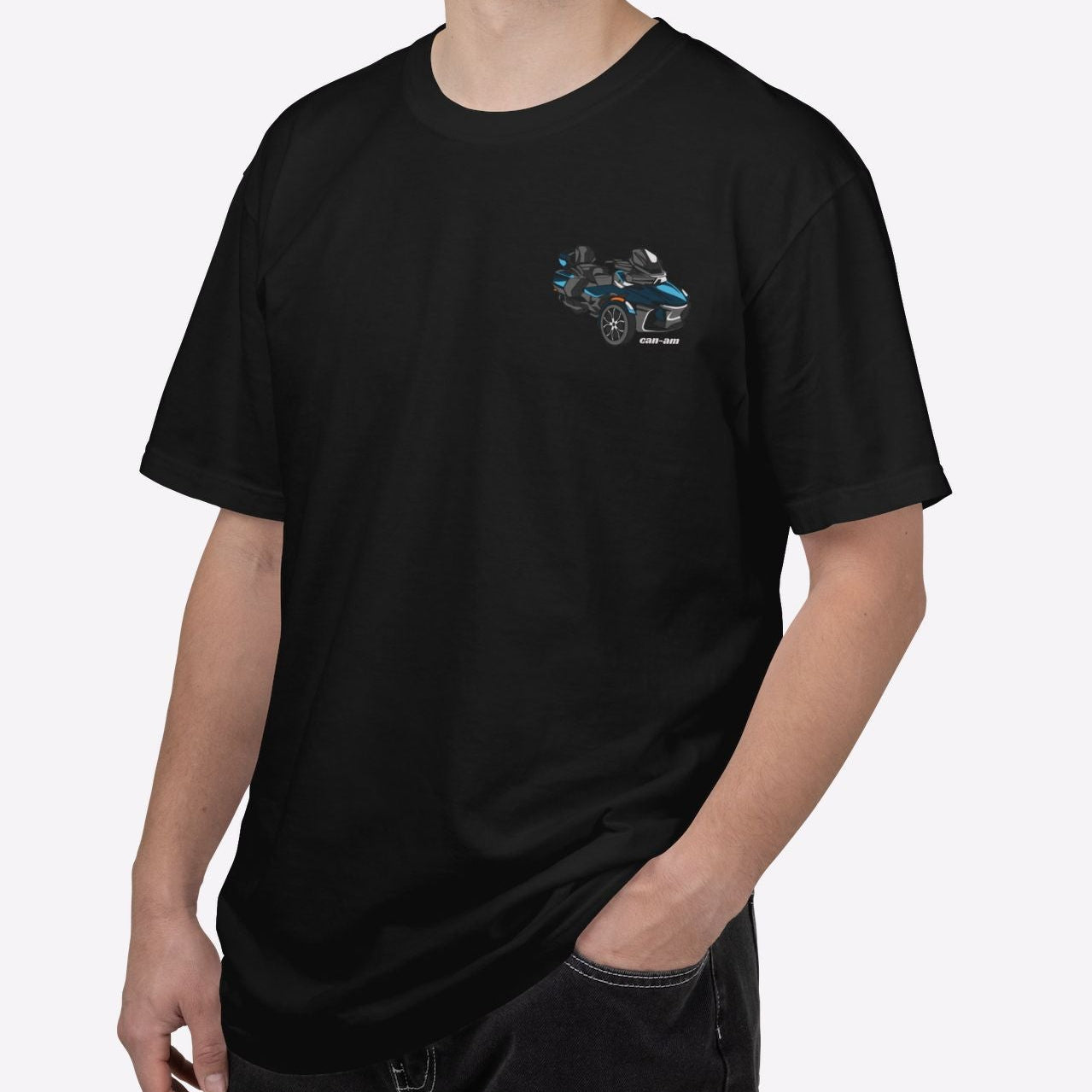Man wearing a black t-shirt with a logo on a white background