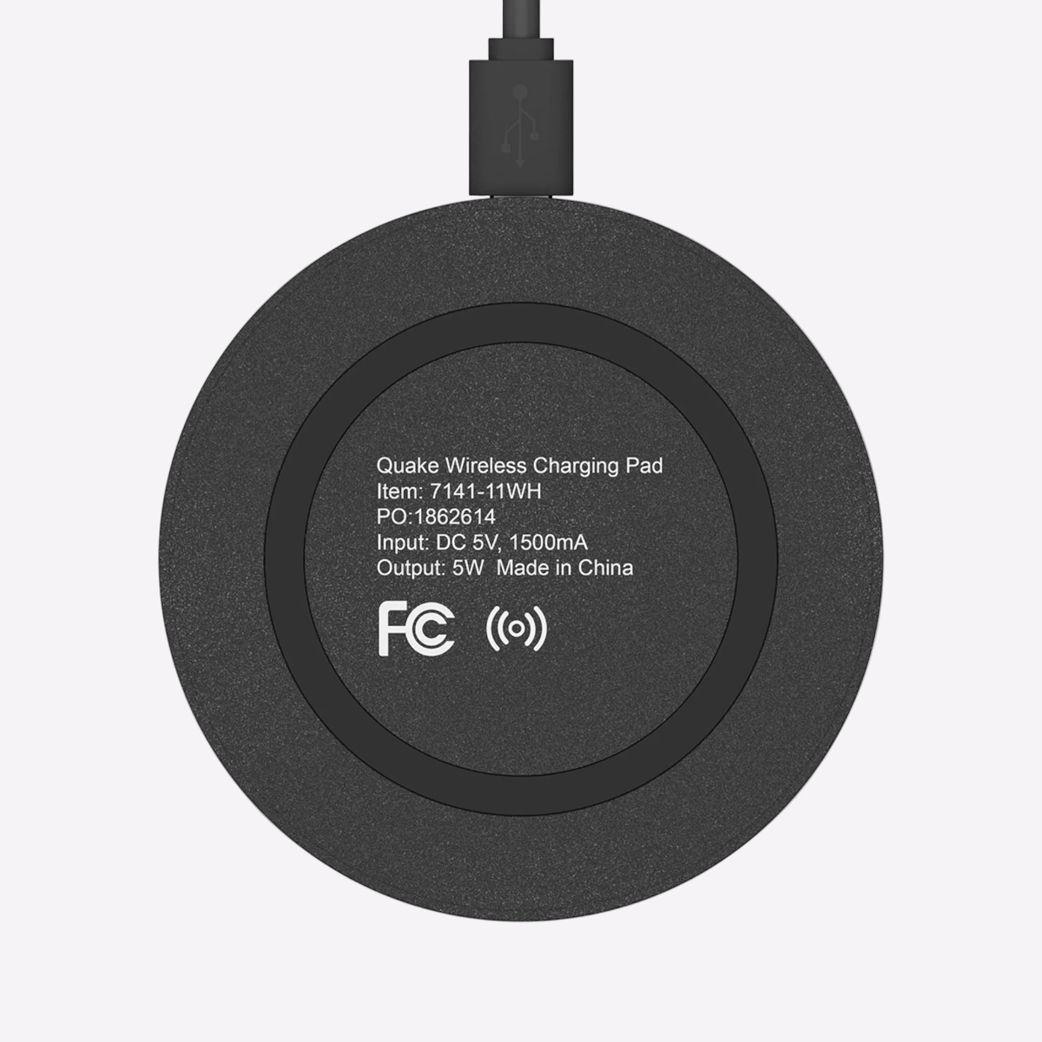 Black wireless charging pad with text and FCC logo on a white background