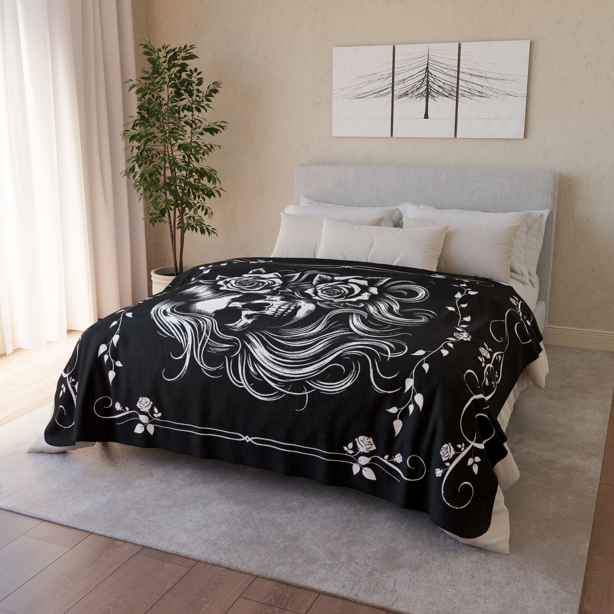 Lady Biker Skull Rose Sherpa Fleece Blanket