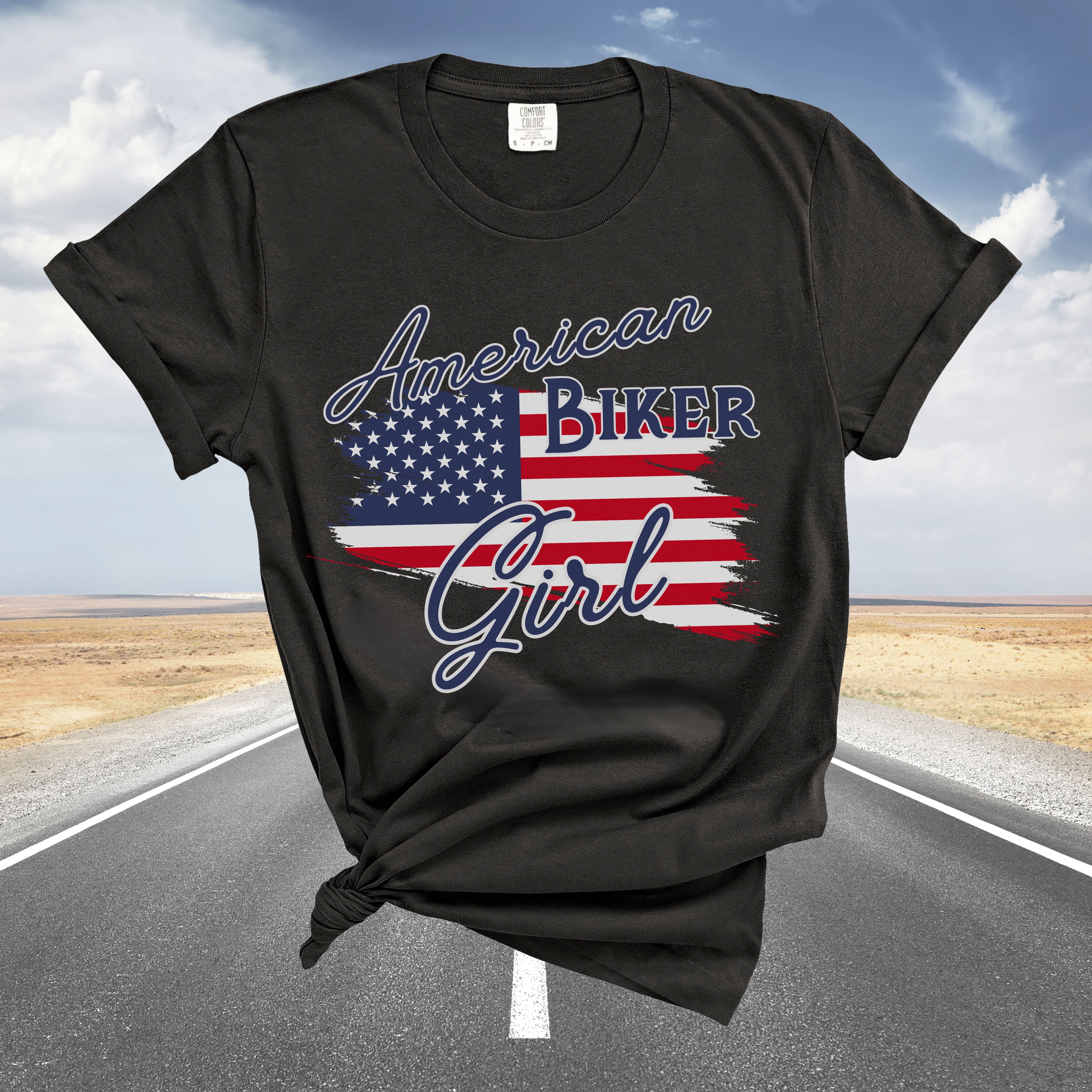 American Biker Girl Patriotic Flag Crew Neck TShirt