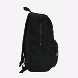 Black backpack with a visible brand logo on a white background