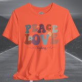 Ladies Retro Peace Love Rykers Crew Neck TShirt