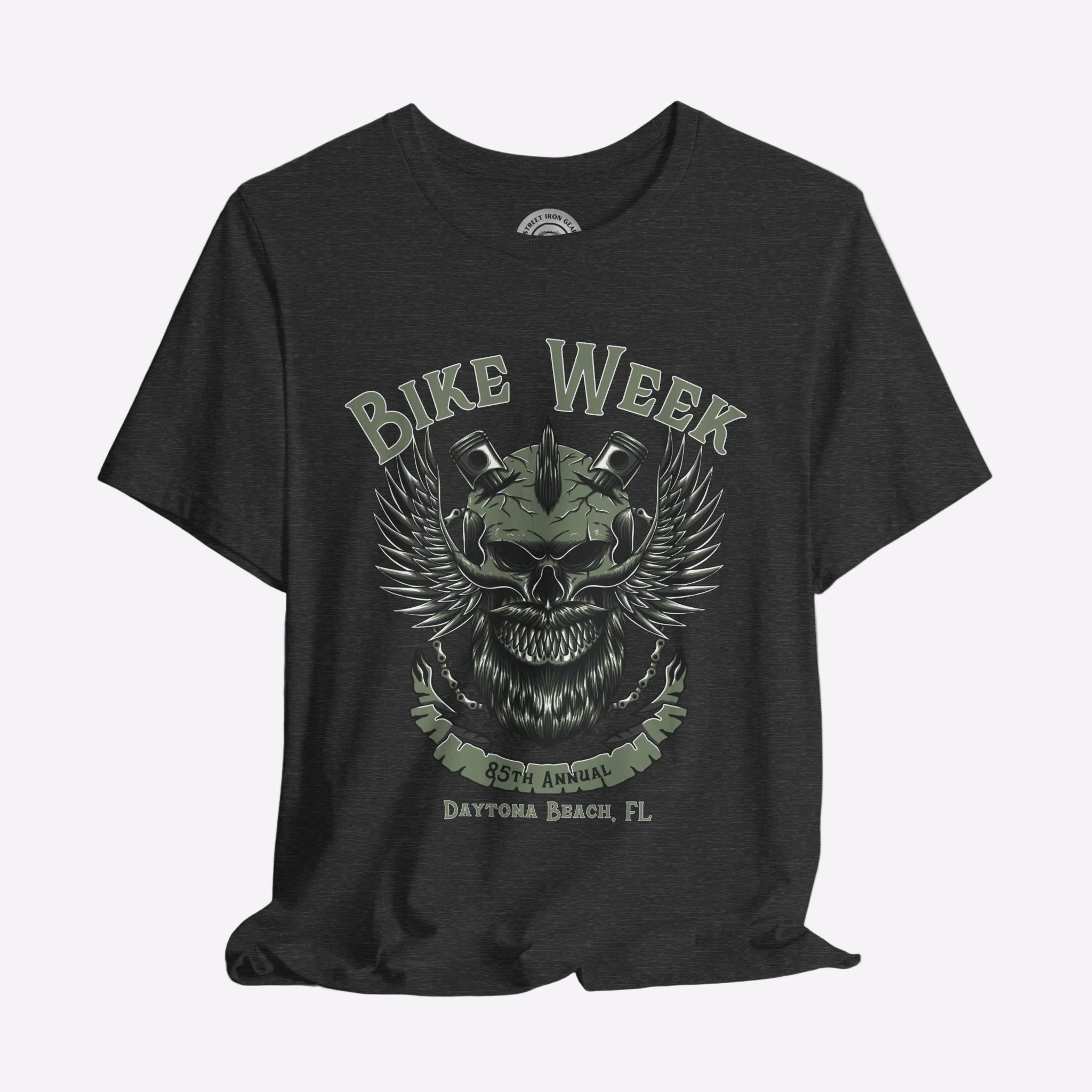 Black t-shirt with 'Bike Week' graphic design on a gray background