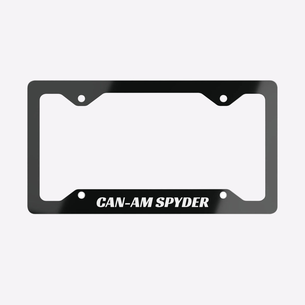 Black license plate frame with 'CAN-AM SPYDER' text on a white background