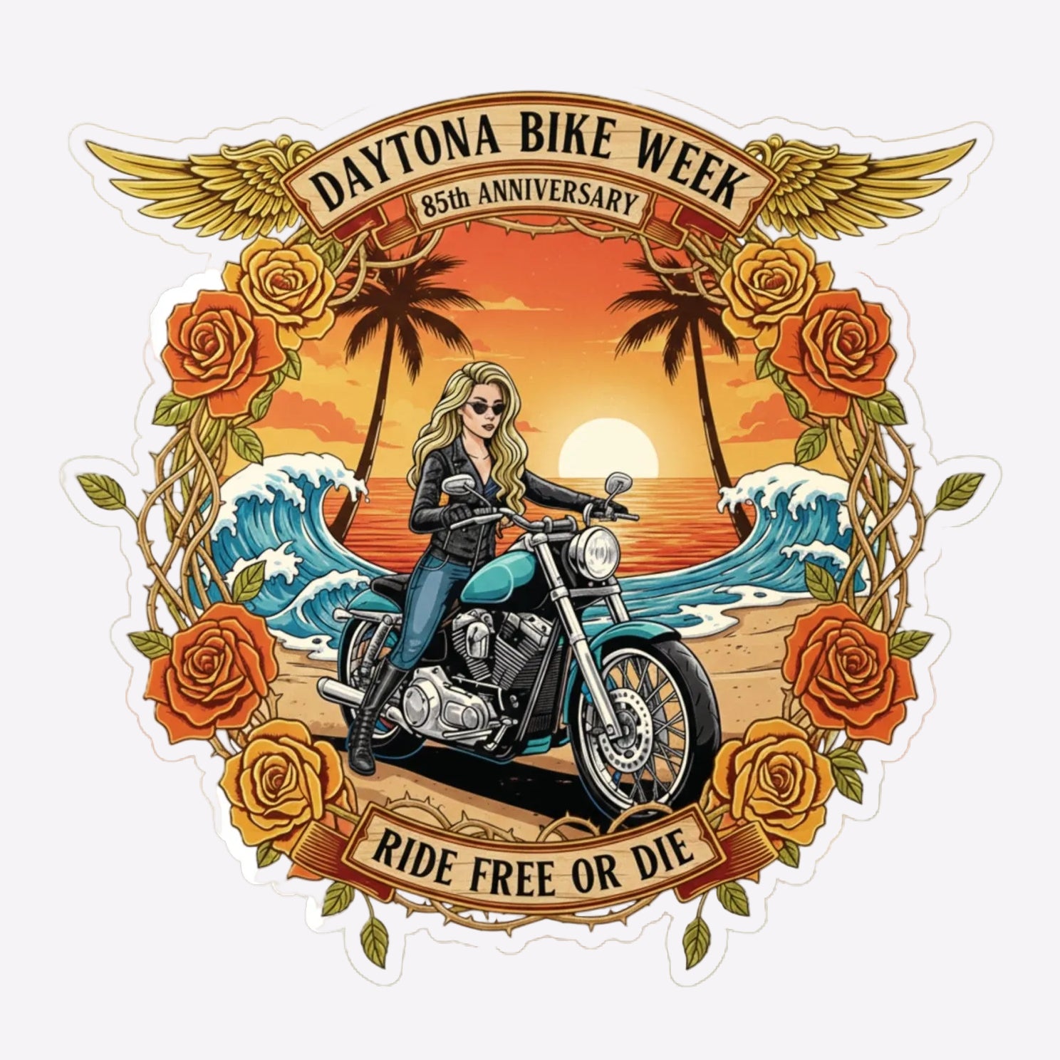 Daytona Bike Week logo with a woman on a motorcycle, sunset, and roses.