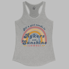 Gray tank top with rainbow design and text on a white background
