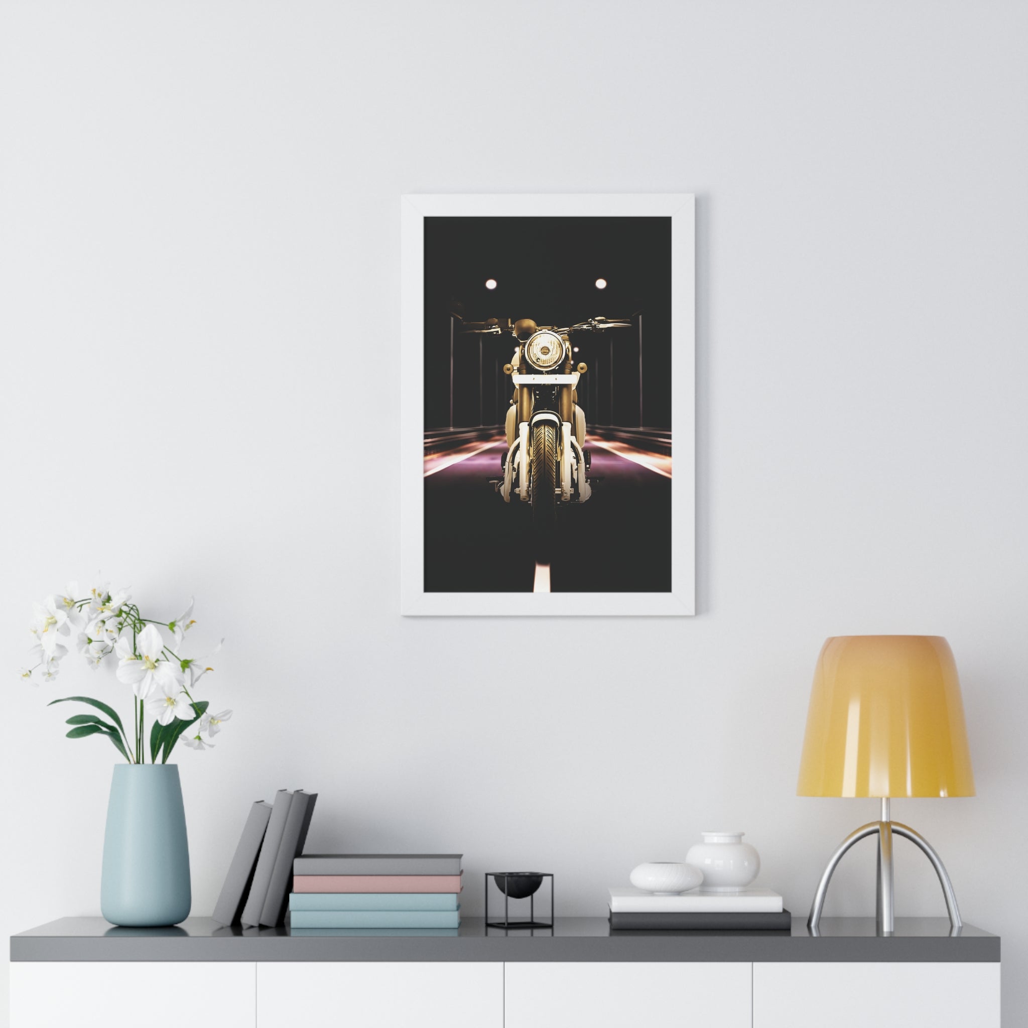 Vintage Night Scene Motorcycle Framed Poster