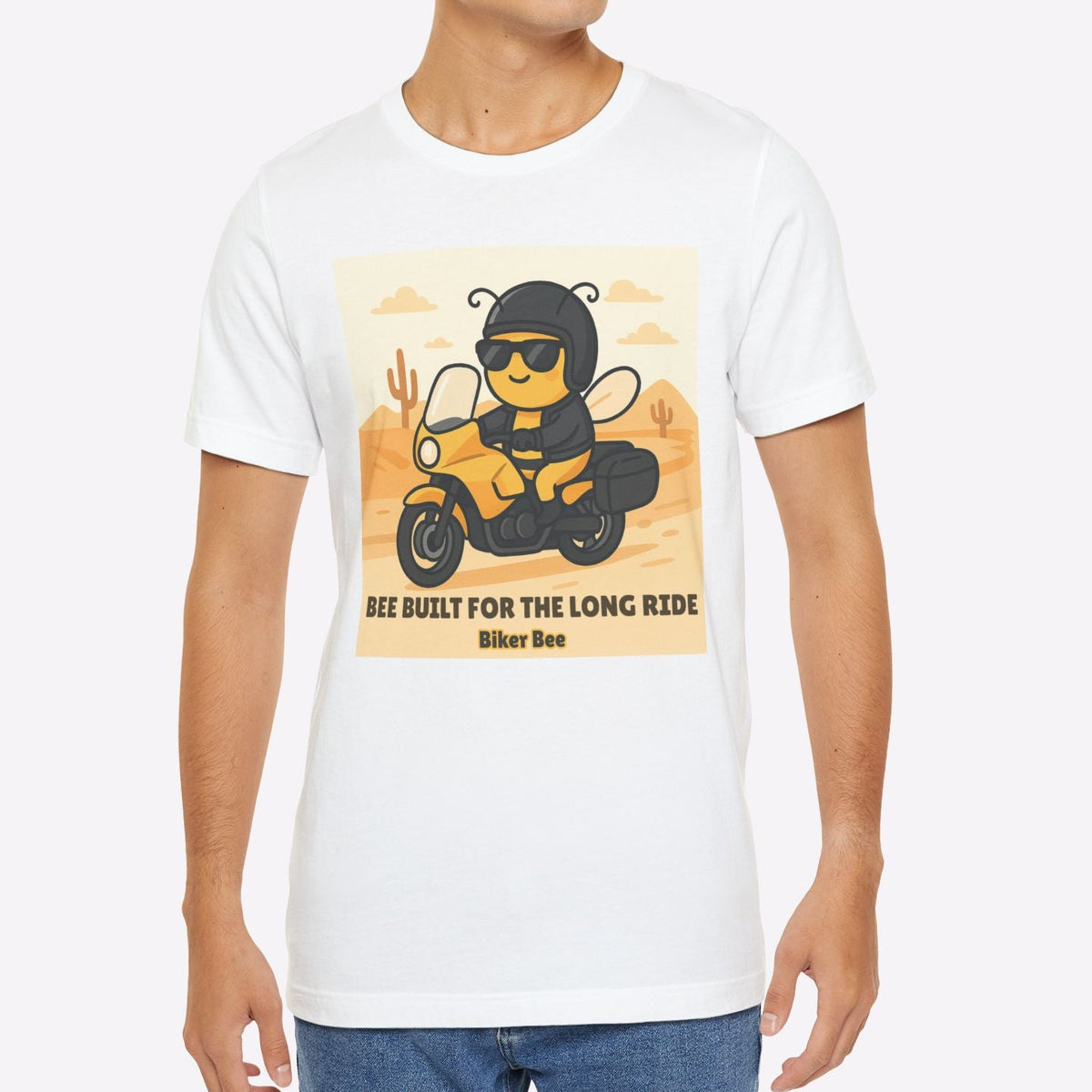 Man wearing a white t-shirt with a graphic design of a bear on a motorcycle.