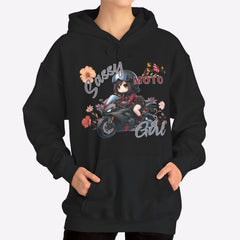Person wearing a black hoodie with a graphic design on a white background