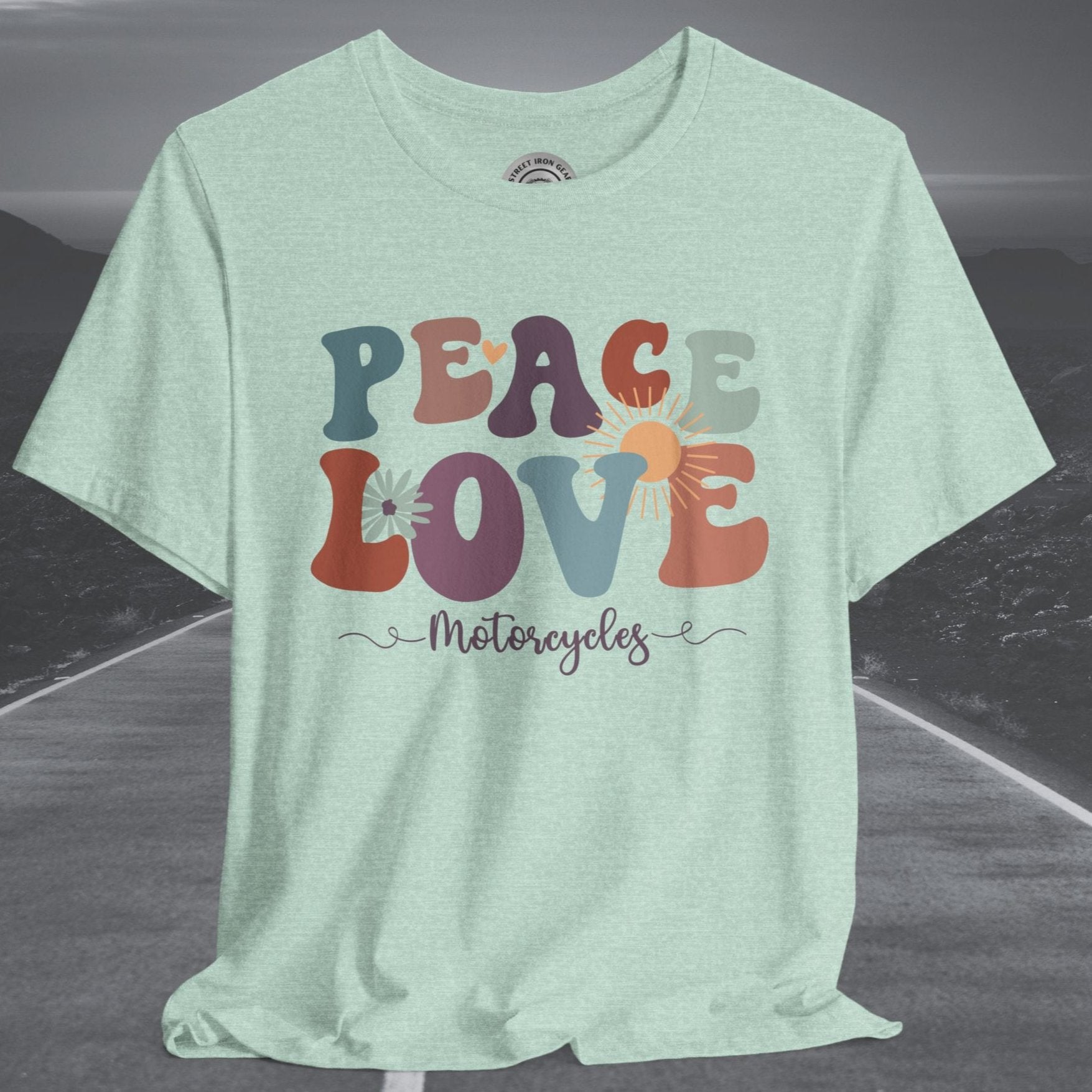 Ladies Retro Peace Love Motorcycles Crew Neck TShirt