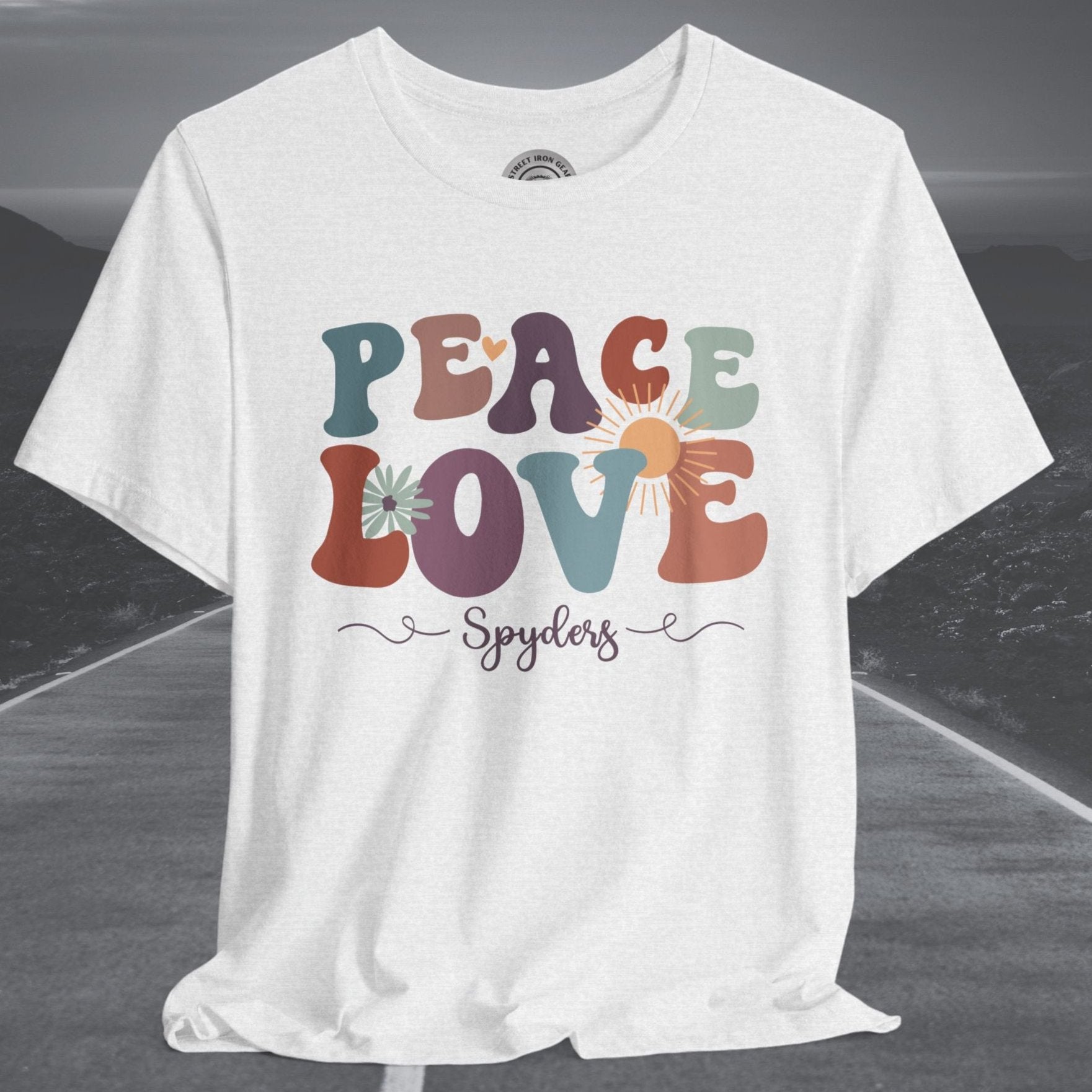 Ladies Retro Peace Love Spyders Crew Neck TShirt