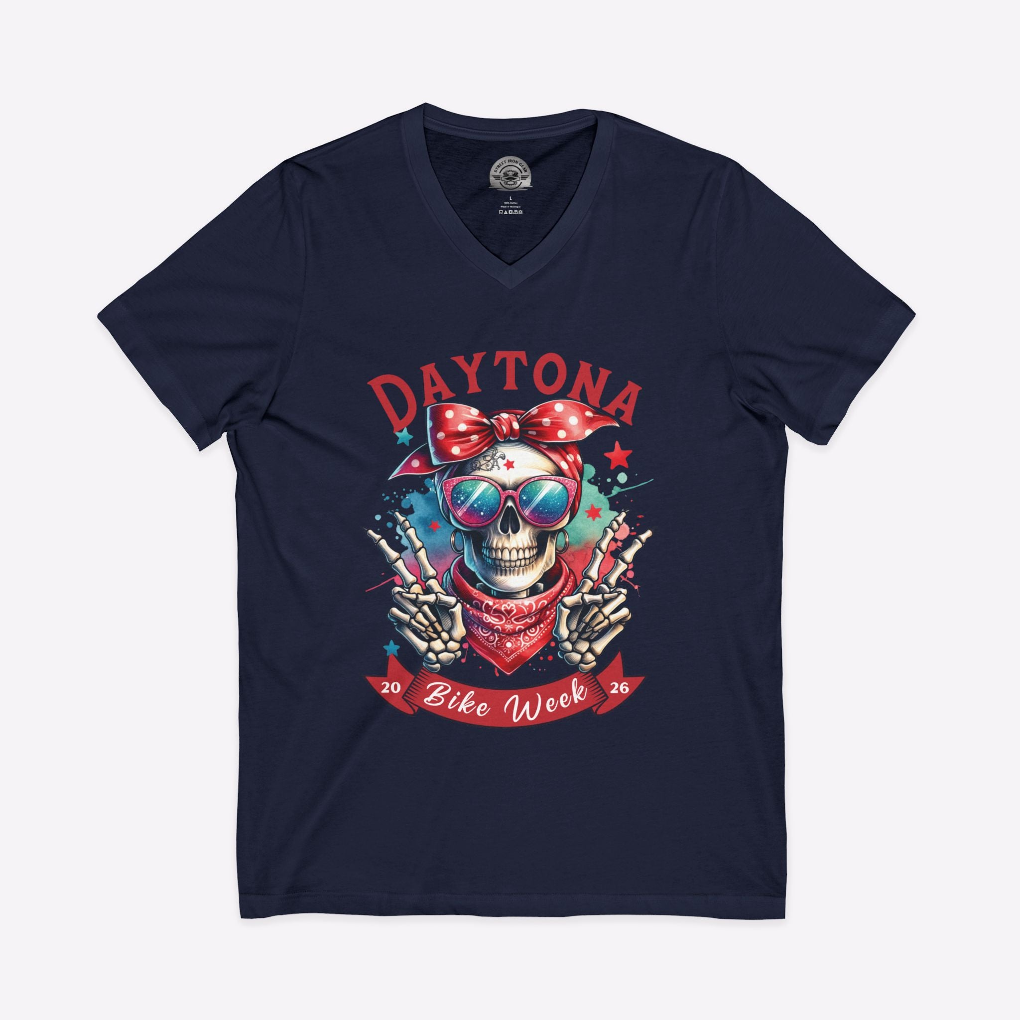 Daytona Bike Week 2026 Women's V-Neck | Hipster Skull & Bow Tee