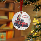 Circular Christmas ornament with a person on a red motorcycle, hanging from a tree.