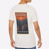 Man wearing a white t-shirt with a graphic design on the back against a white background