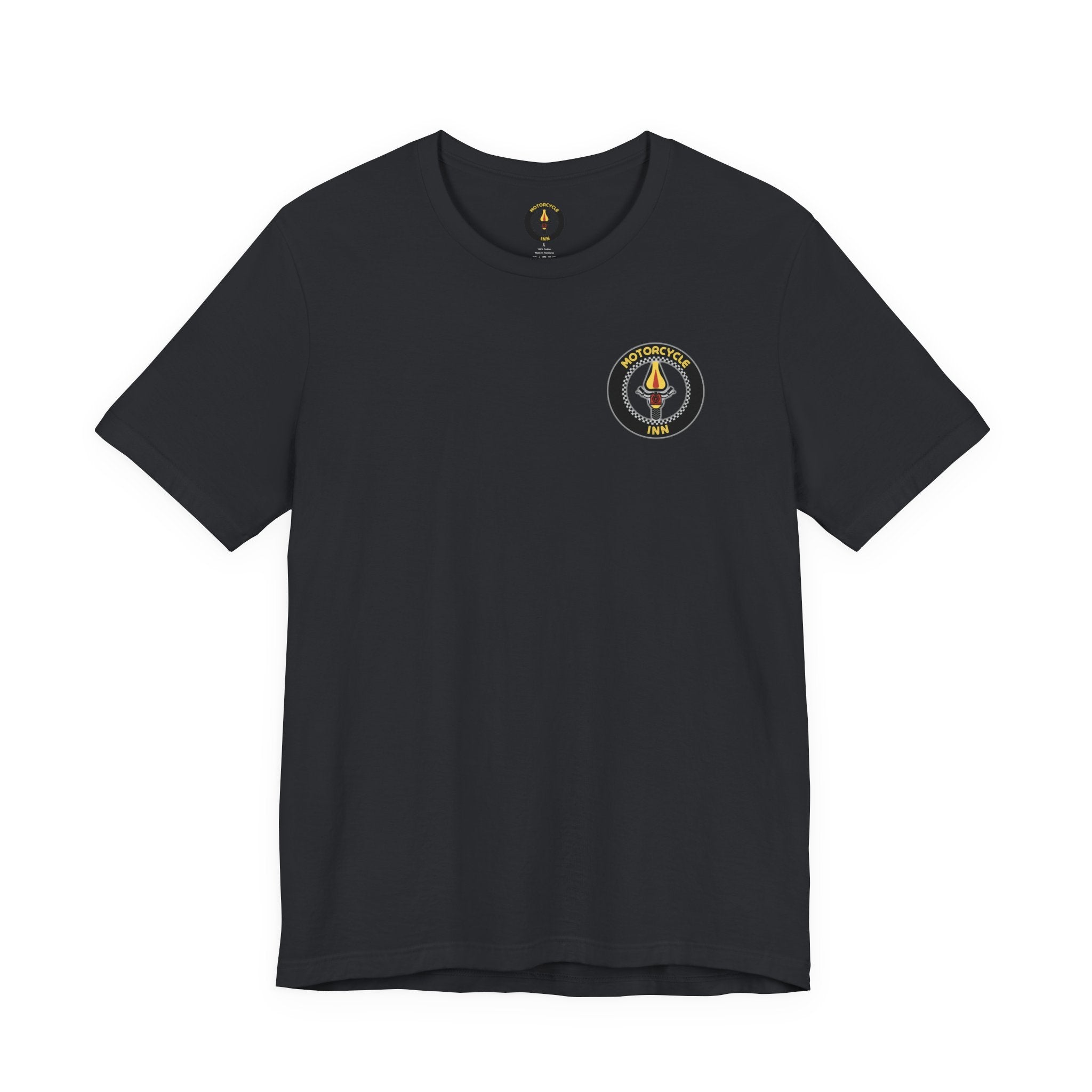 Black t-shirt with a logo on the chest against a white background