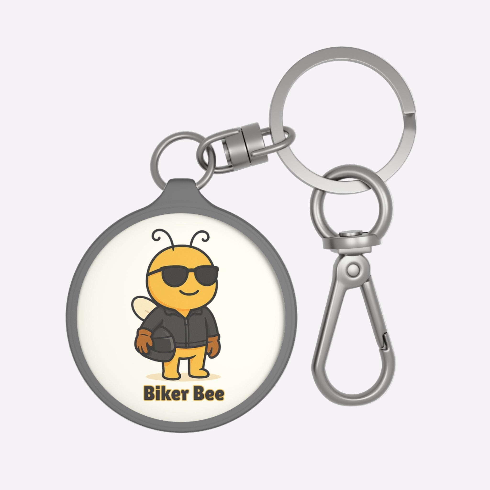 Keychain with a cartoon bee wearing sunglasses and a helmet, labeled 'Biker Bee', on a white background.