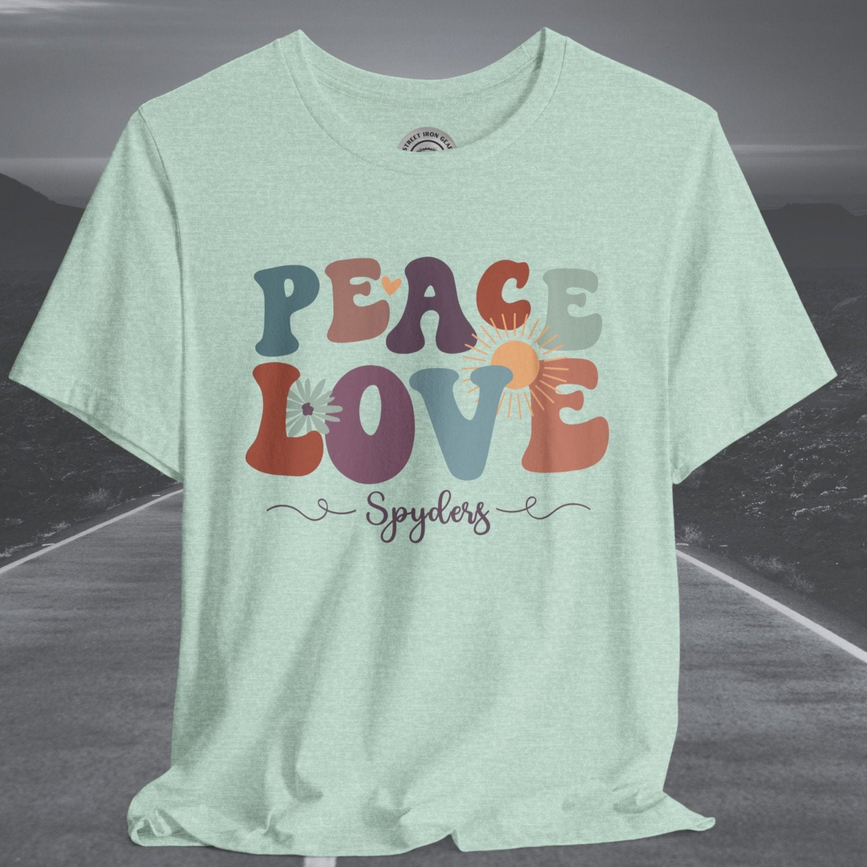 Ladies Retro Peace Love Spyders Crew Neck TShirt