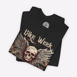 Black t-shirt with 'Bike Week 2023' design featuring a skull and wings on a white background.