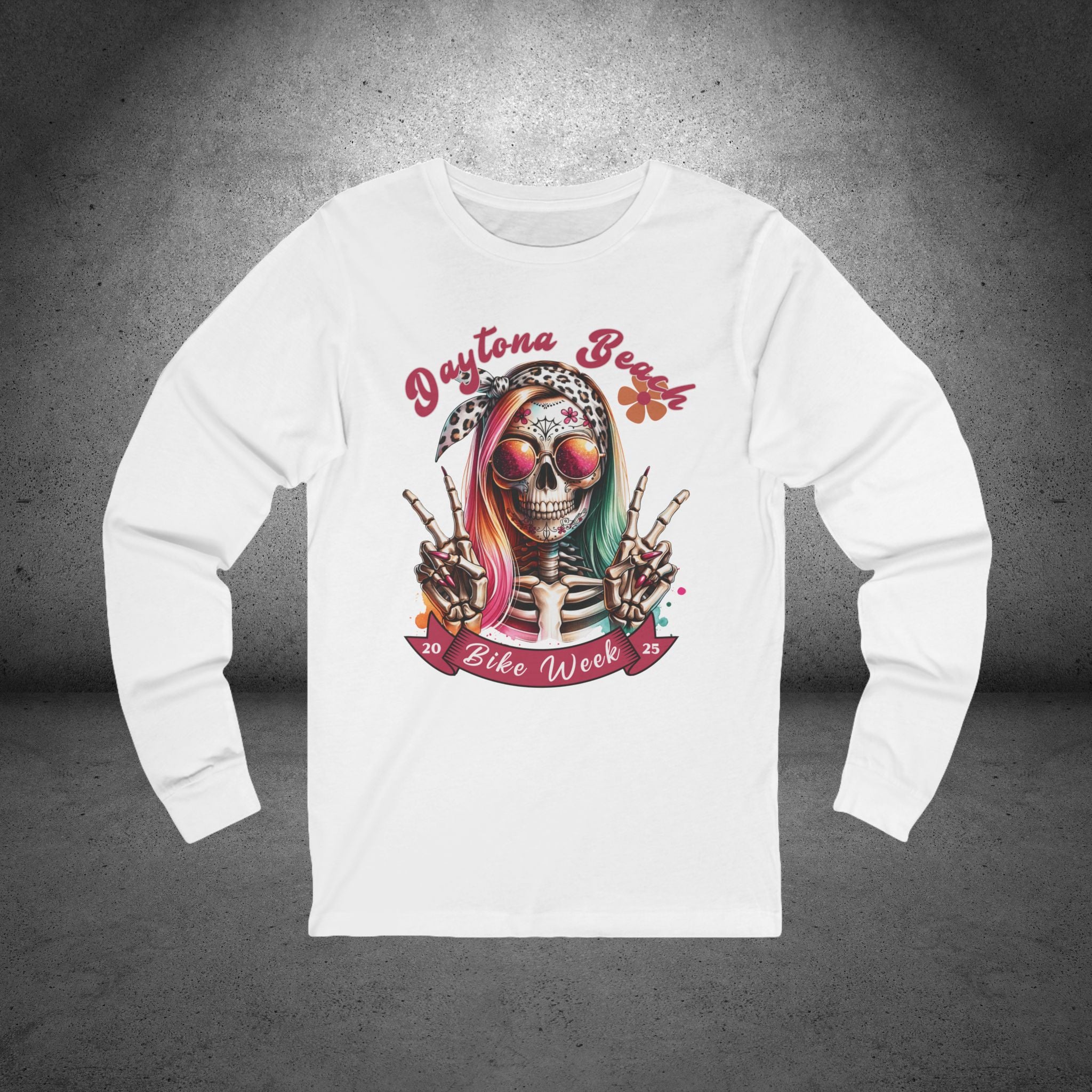 Ladies Daytona Bike Week 2025 Hipster Skull Long Sleeve Crew Neck TShirt